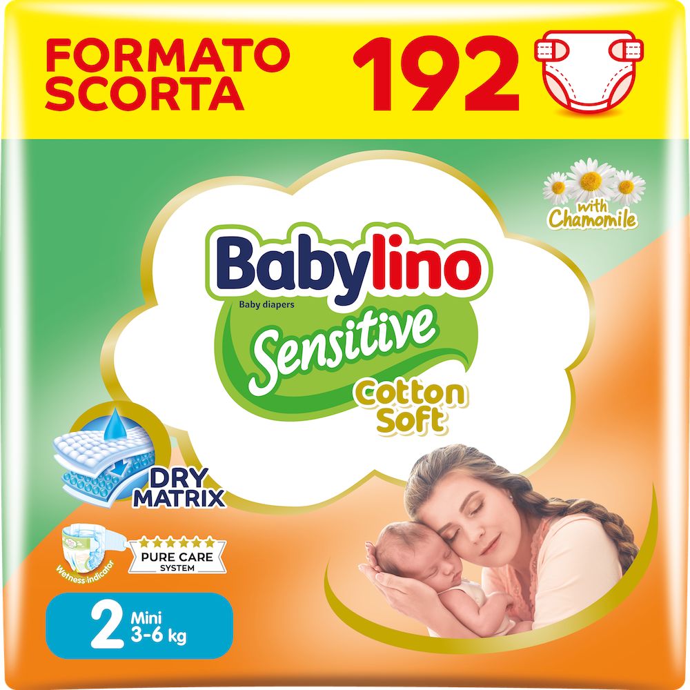 Babylino Sensitive Cotton Soft, Pannolini Neonato Taglia 2, Mini (3-6Kg), 192 Unità