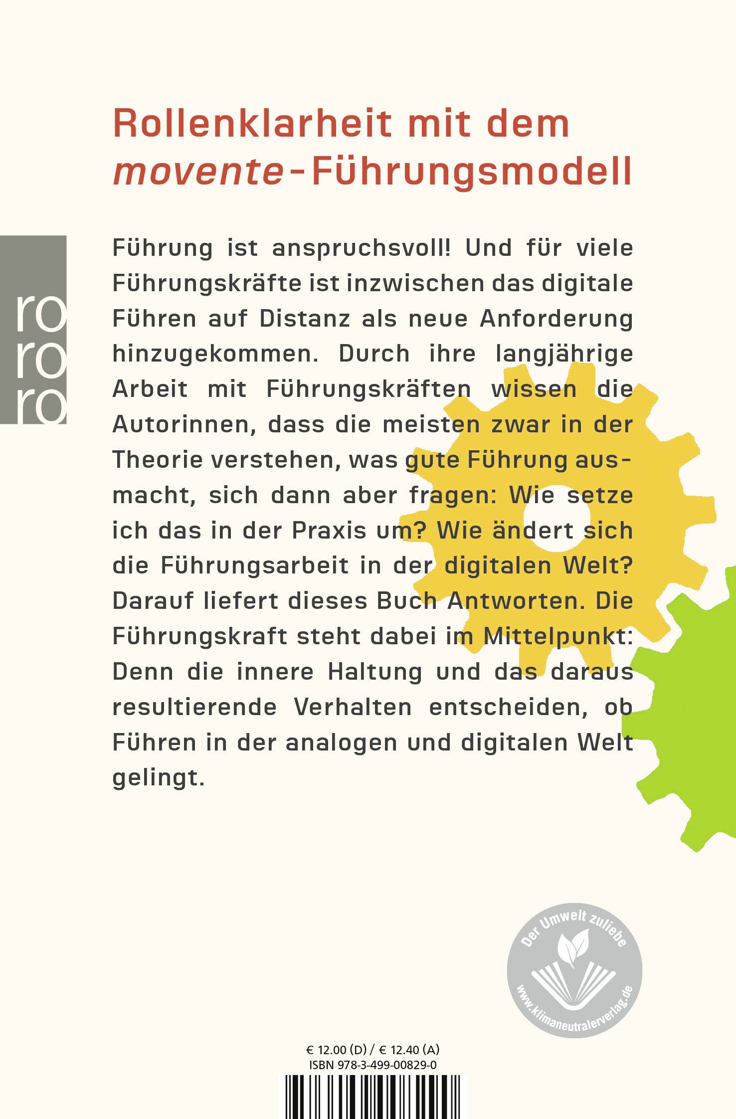 Buchrückseite mit Text. Titel: Rollenklarheit mit dem movente-Führungsmodell. Text über Führung und digitale Welt.