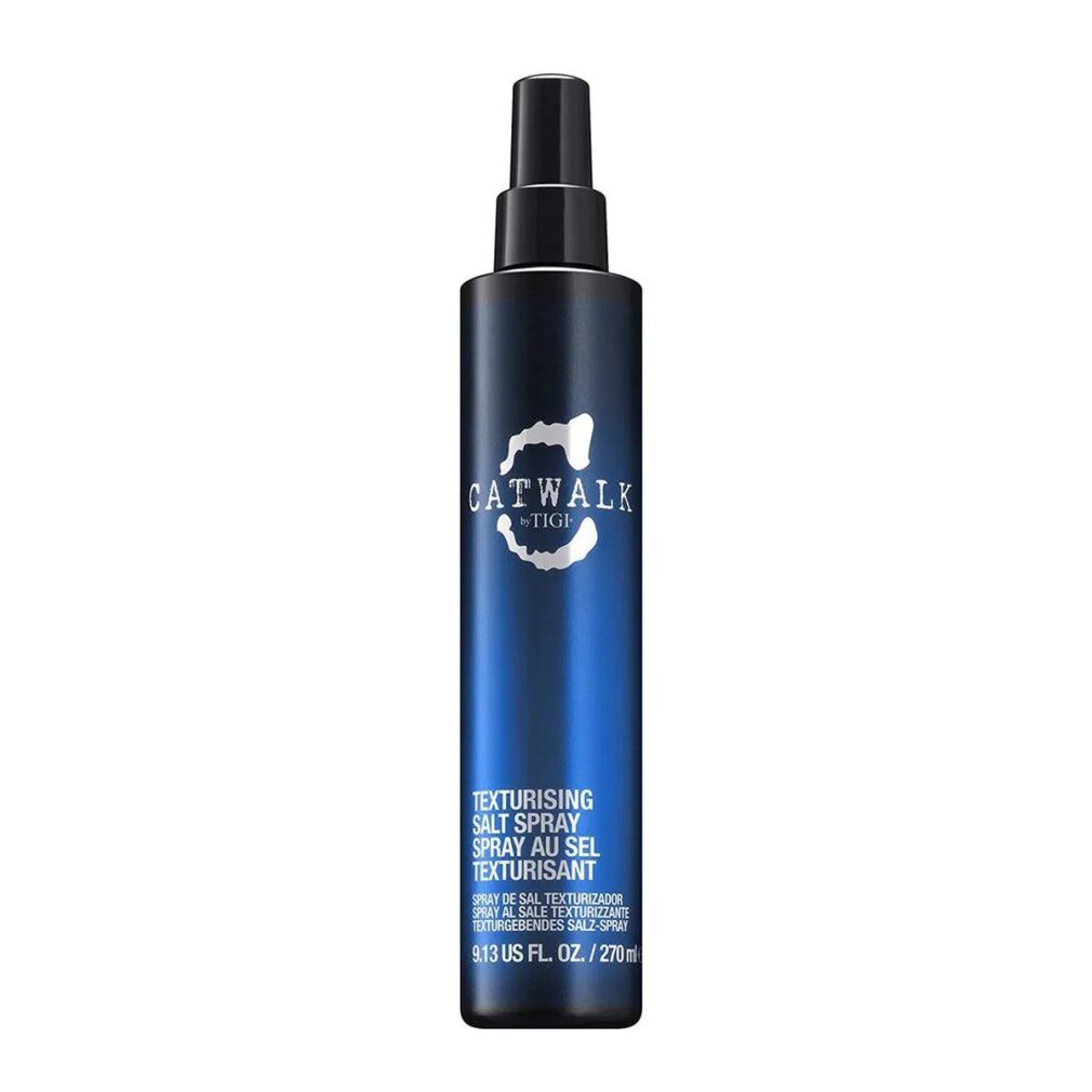 Blaue Sprühflasche mit schwarzem Sprühkopf. Aufschrift: CATWALK by TIGI. Texturgebendes Salz Spray.