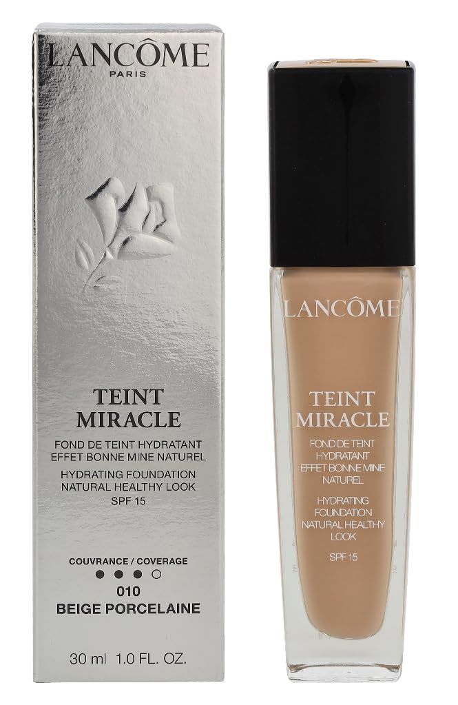 Lancôme Teint Miracle Foundation. Flasche und Verpackung. Beige Porcelaine 010. SPF 15. Hydratisierende Foundation. Natürlicher, gesunder Look.
