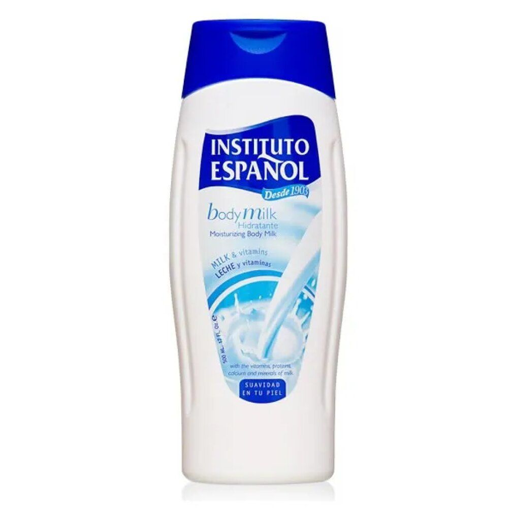 Weiße Flasche mit blauem Deckel. Aufschrift: INSTITUTO ESPAÑOL, body milk, leche y vitaminas. Abbildung von Milch.