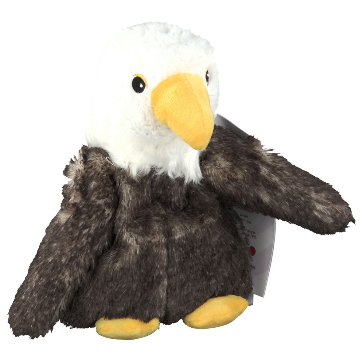 Warmies® Seeadler, Stofftier in Adlerform. Weißer Kopf, brauner Körper, gelber Schnabel und Füße. Mit Etikett.