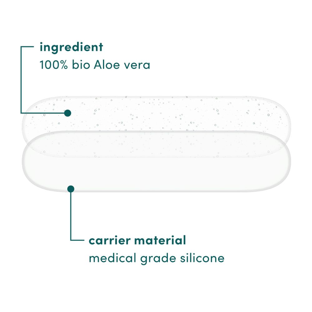 Zwei transparente Narben Pads. Beschriftung: 100% bio Aloe vera, Trägermaterial medizinisches Silikon.