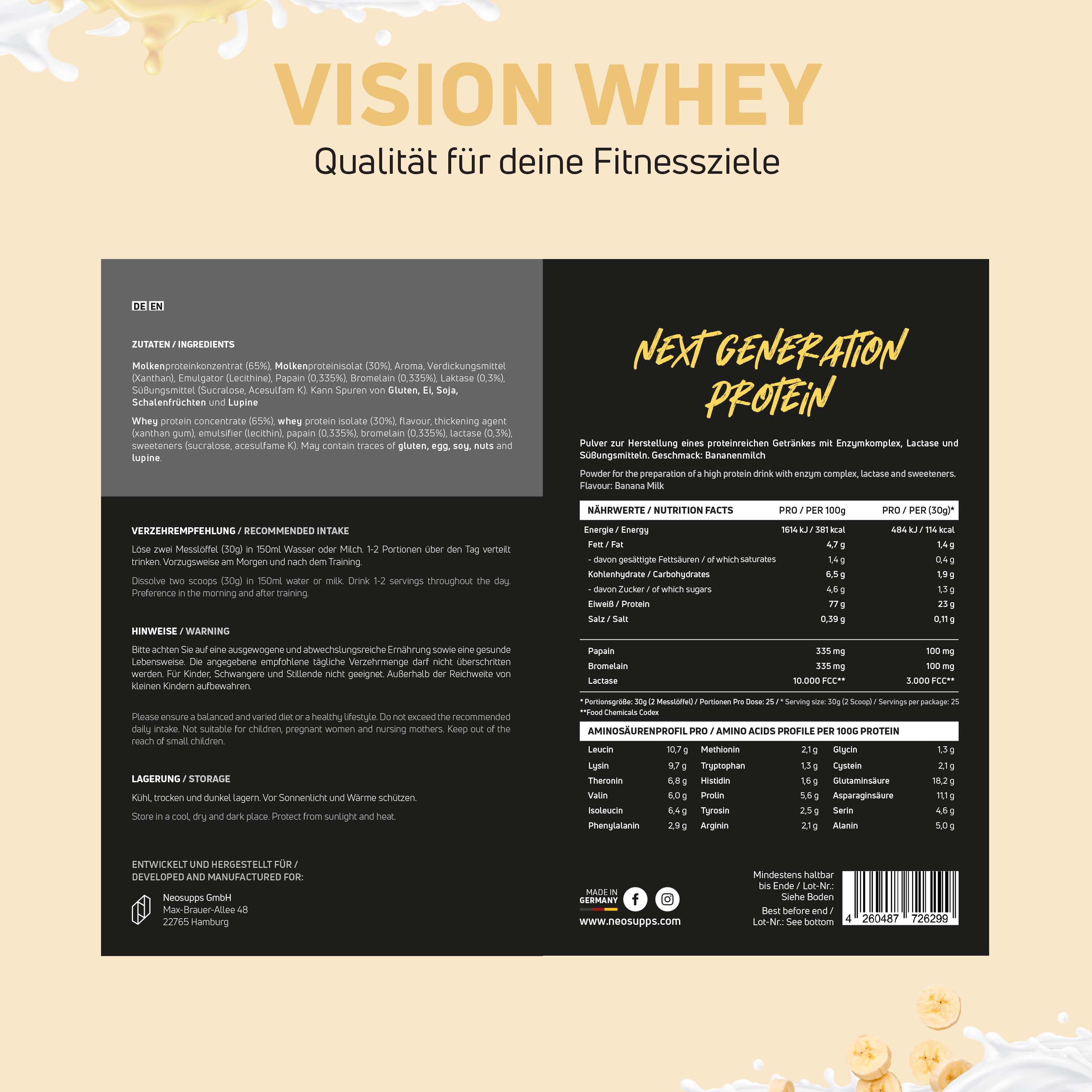 Produktinformationen auf schwarzem Hintergrund. Text: Vision Whey, Nährwertangaben, Zutaten, Aminosäureprofil.