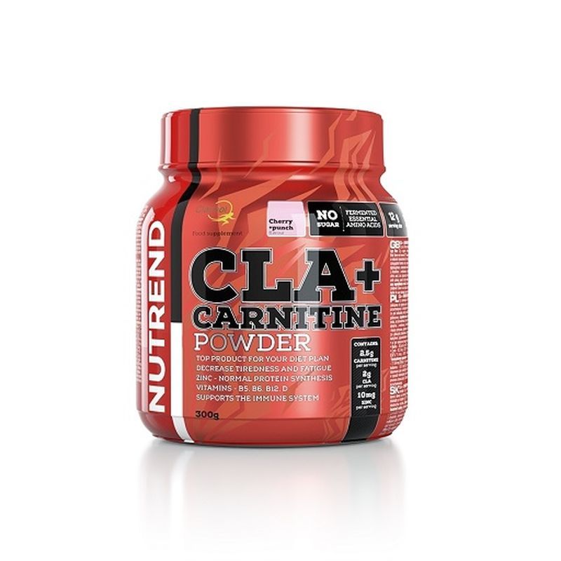 Rote Dose mit CLA+ Carnitine Powder. Text: NUTREND, Cherry Punch, 300g. Enthält Vitamine und Zink. Top Produkt für Diät.