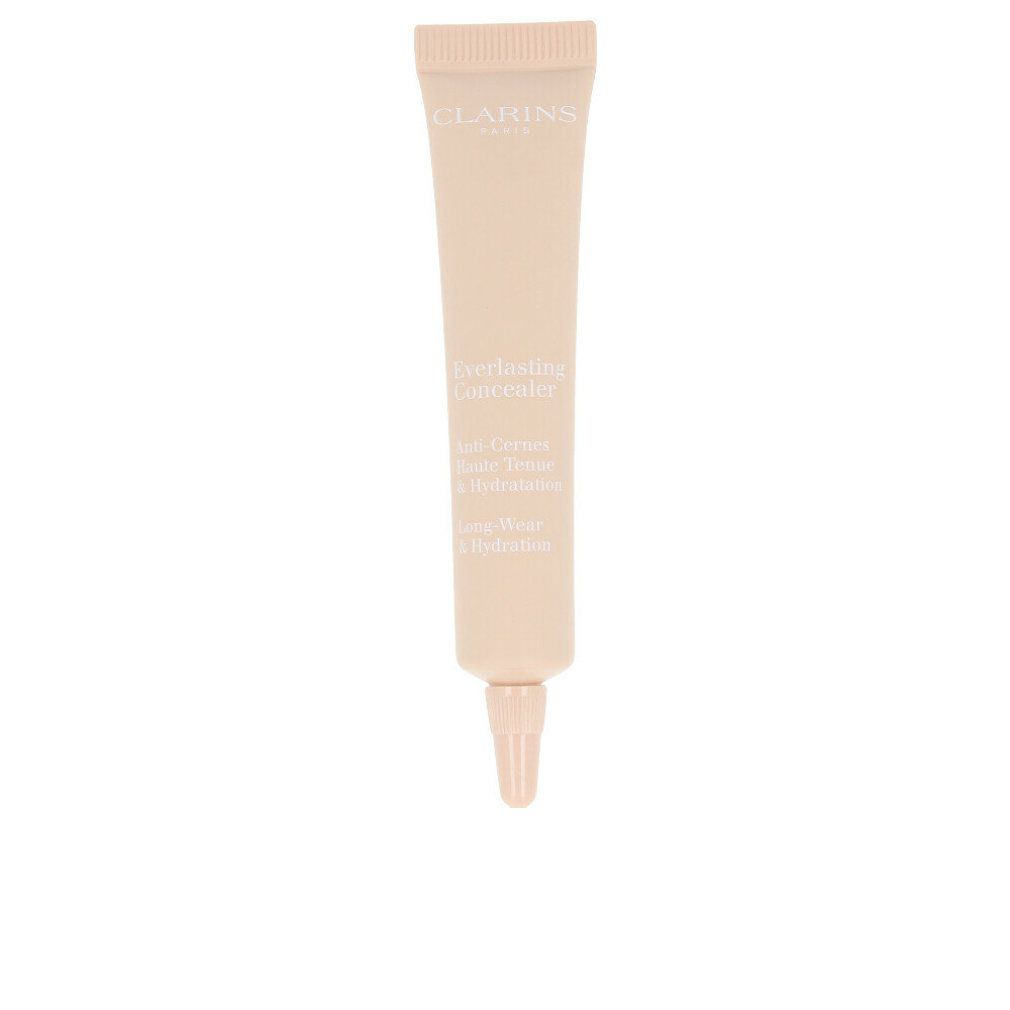Beige Concealer-Tube. Aufschrift: CLARINS, Everlasting Concealer, Anti-Cernes, Haute Tenue & Hydratation, Long-Wear & Hydratation.