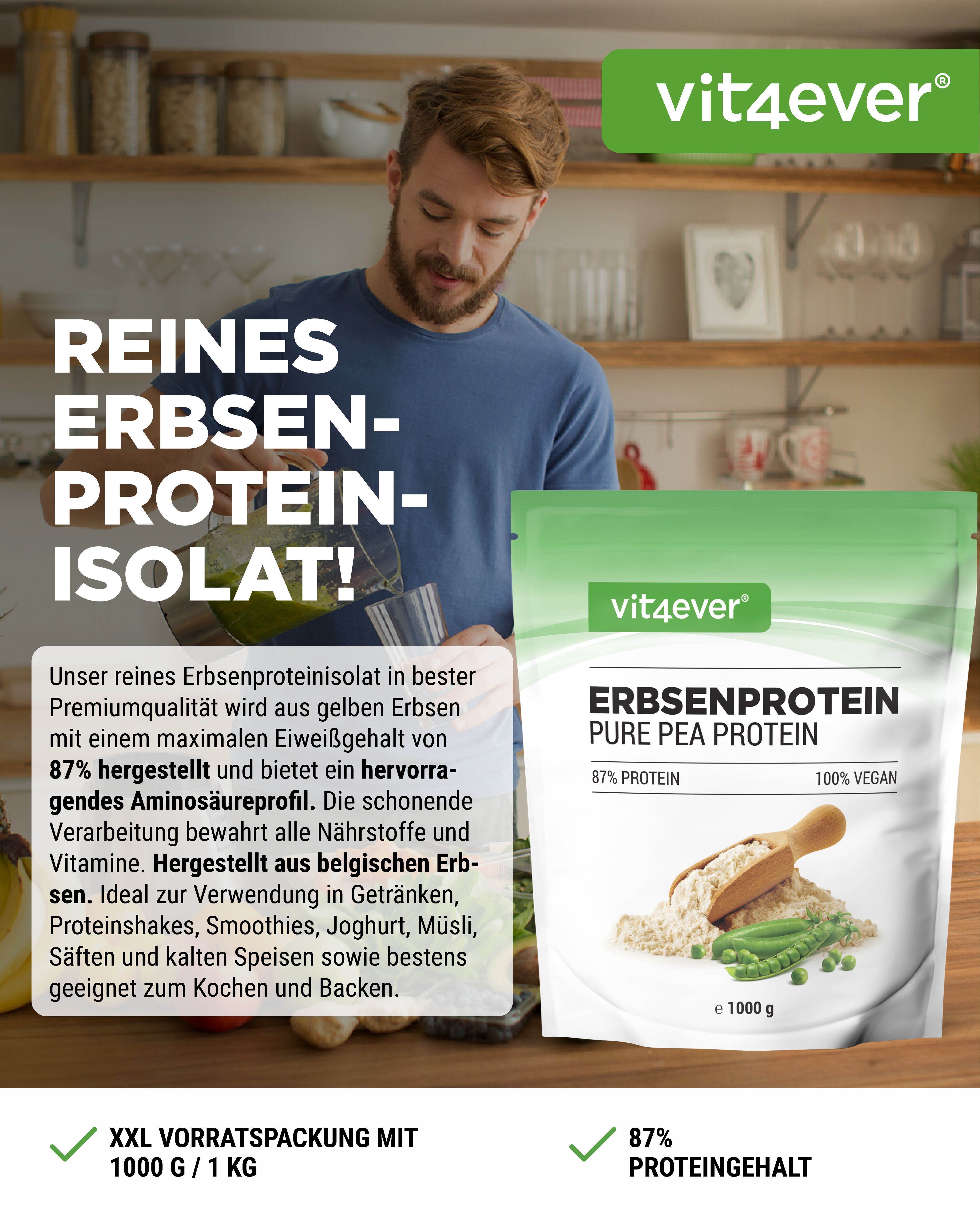 Mann gießt Flüssigkeit in Glas. Rechts: Beutel Erbsenprotein. Text: vit4ever, Erbsenprotein, 87% Protein, 100% Vegan, e 1000 g. Text: XXL Vorratspackung.