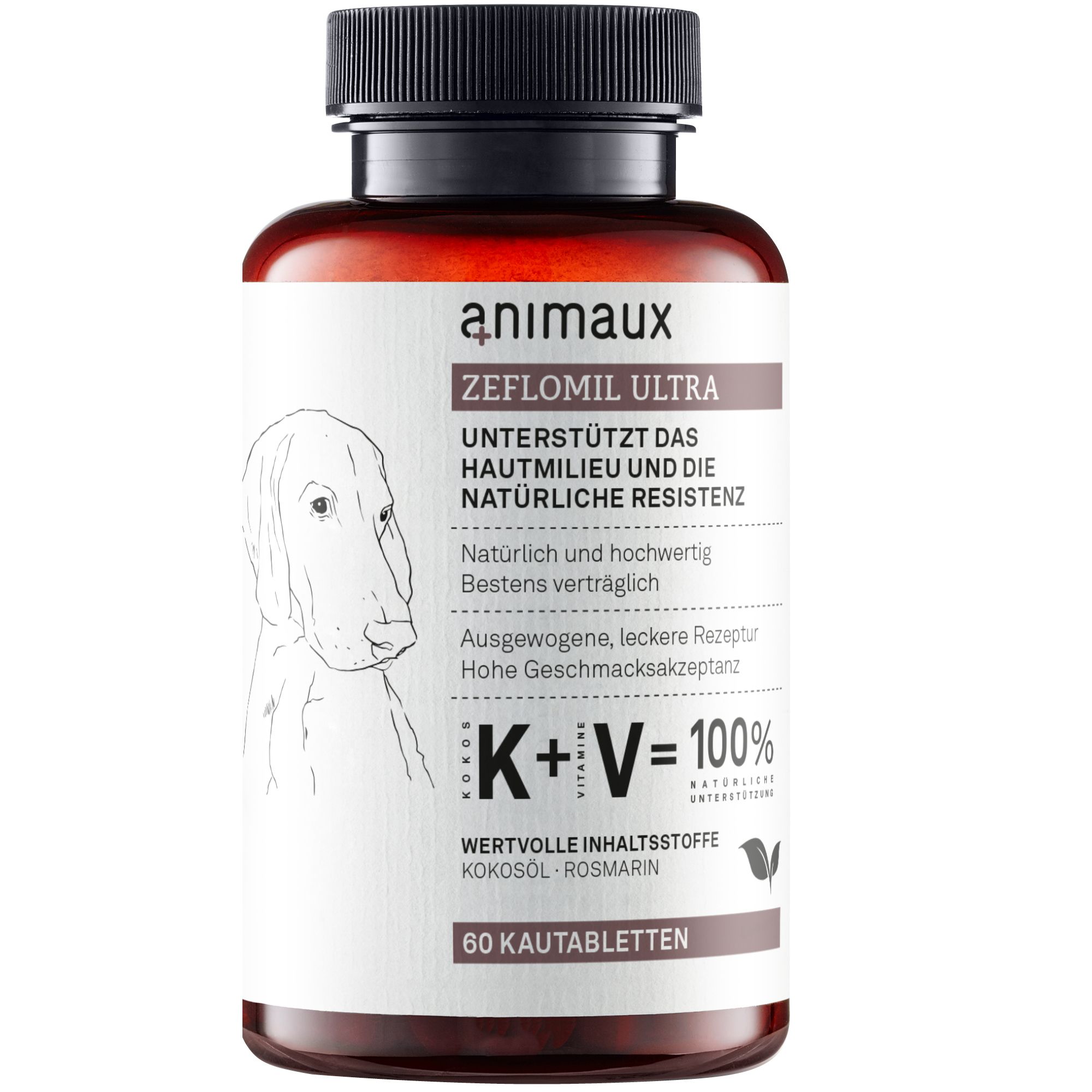 Braune Flasche mit 60 Kautabletten, Etikett mit Hundeskizze und Produktinformationen.