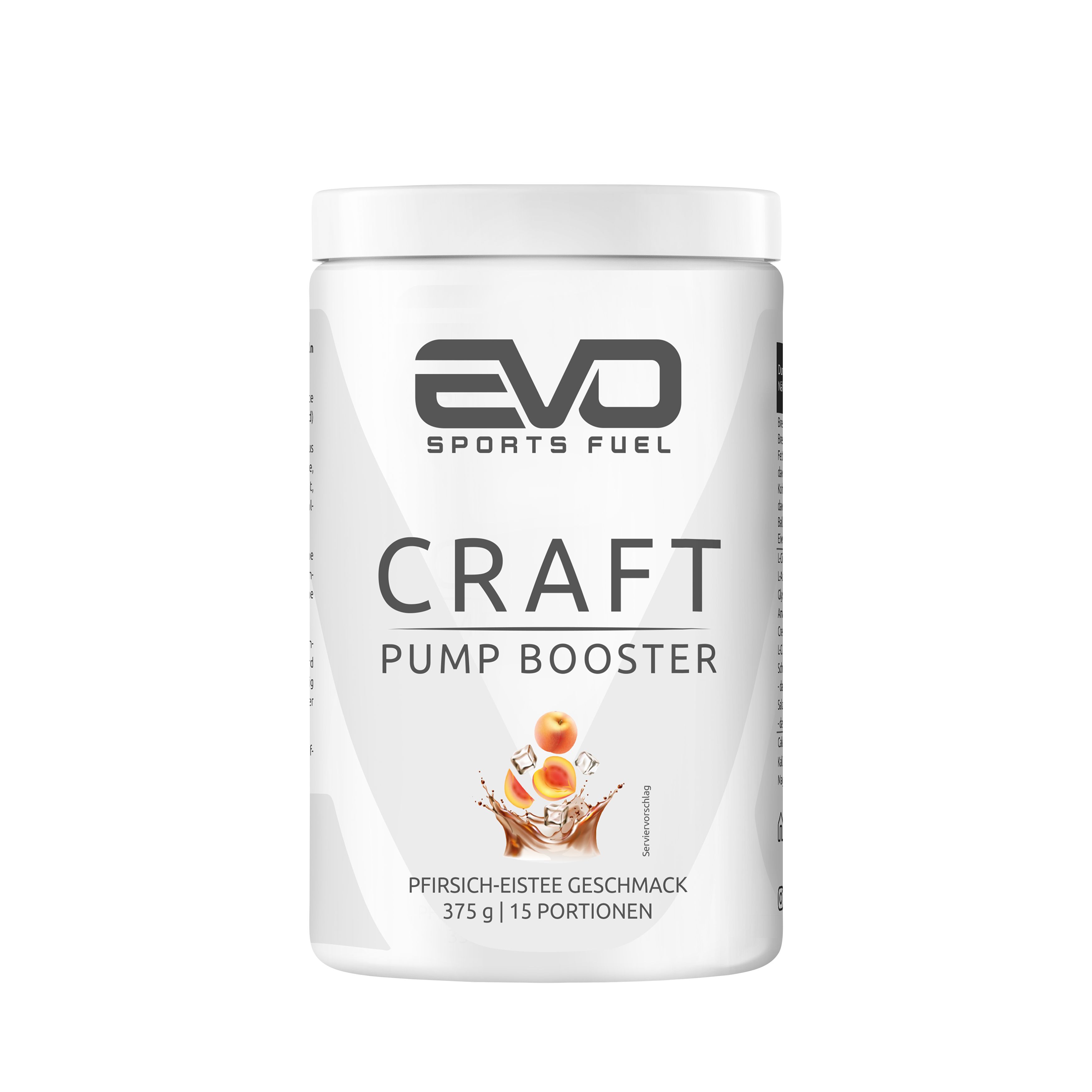 Weißer Behälter mit EVO Craft Pump Booster. Pfirsich-Eistee-Geschmack. Logo und Produktbezeichnung. Abbildung von Pfirsichen und Eiswürfeln.