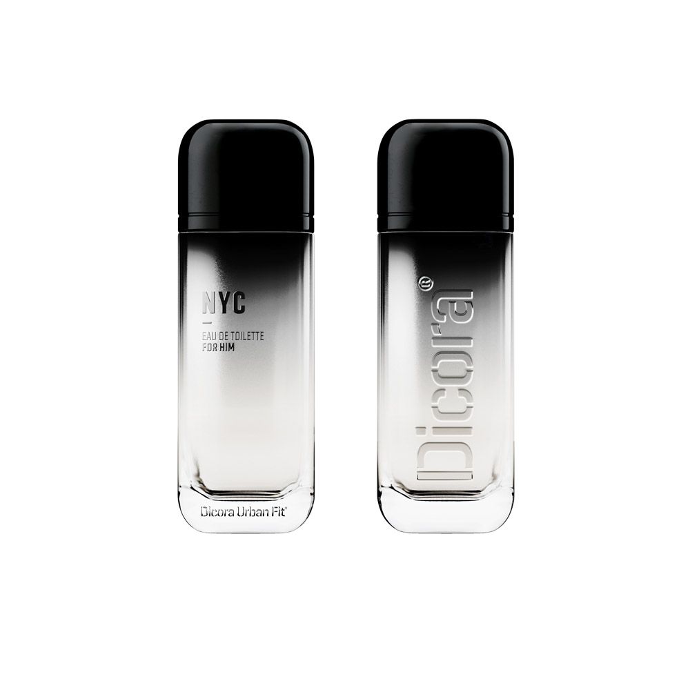 Zwei Flakons Eau de Toilette. Schwarzer Deckel, transparenter Körper mit Farbverlauf. Aufschrift: NYC, Eau de Toilette, für Ihn. Dicora Urban Fit.