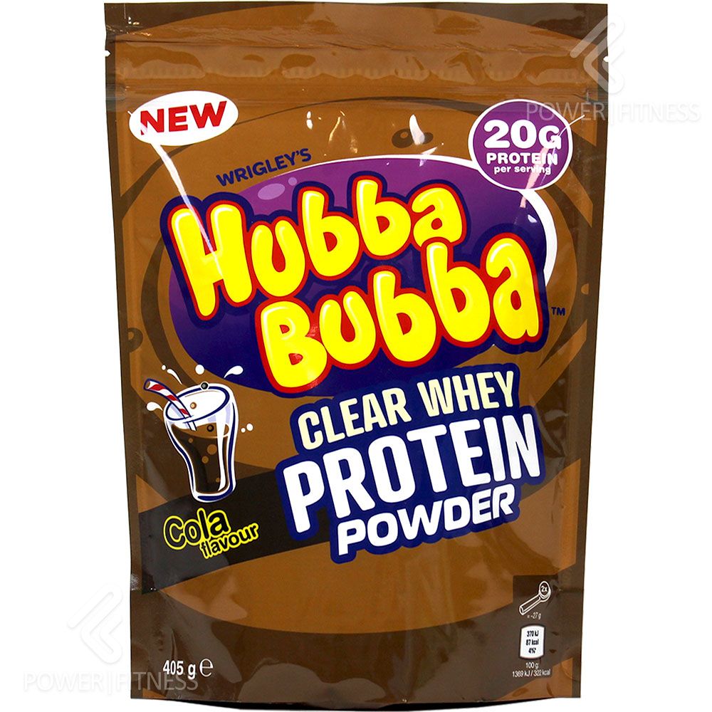 Braune Tüte mit Hubba Bubba Clear Whey Protein Powder. Aufschrift: Cola Flavour, 20g Protein pro Portion. Gewicht: 405g.