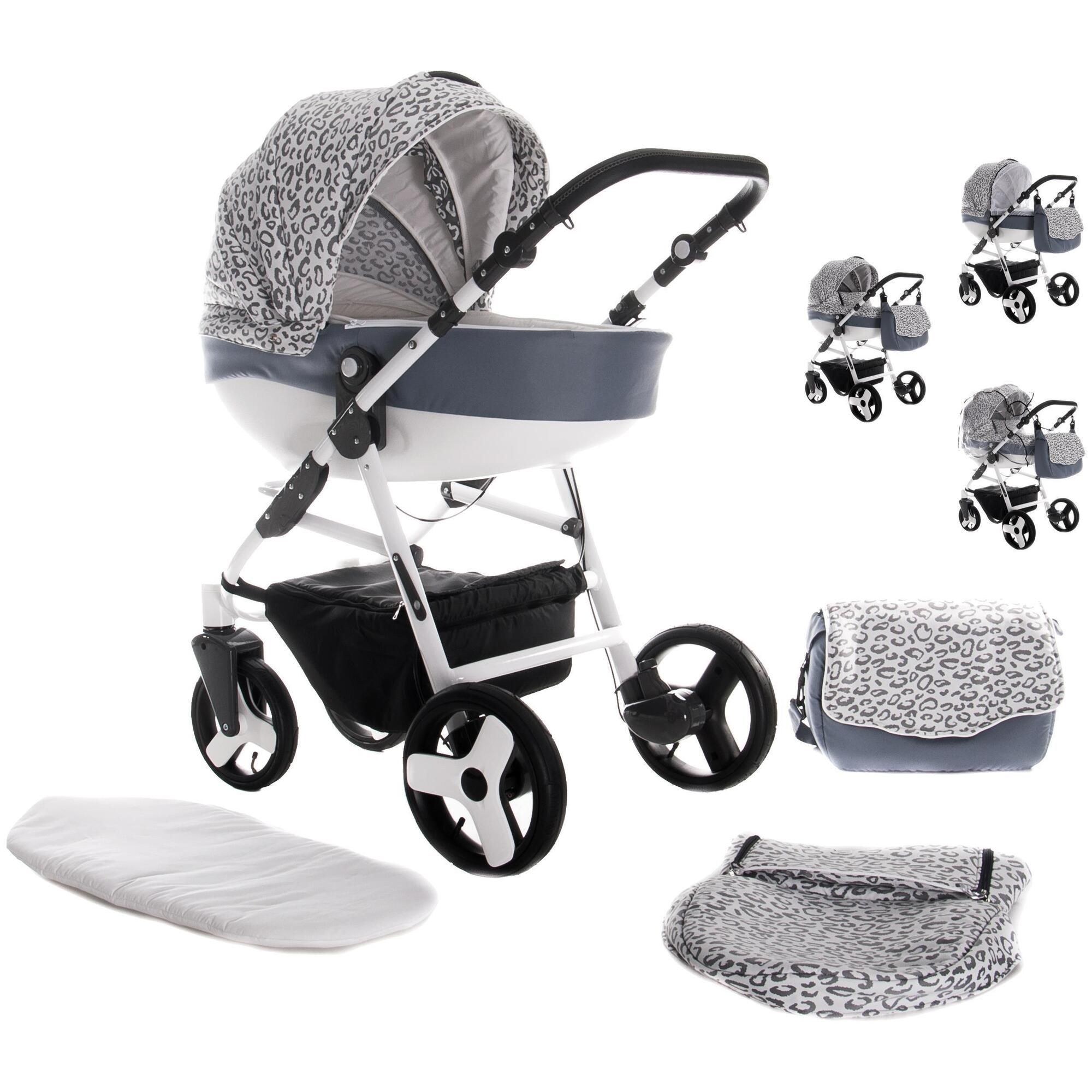 Kinderwagen mit Zubehör: Matratze, Tasche, Leopardenmuster. Mehrere Ansichten, weißes Gestell, graue Akzente.