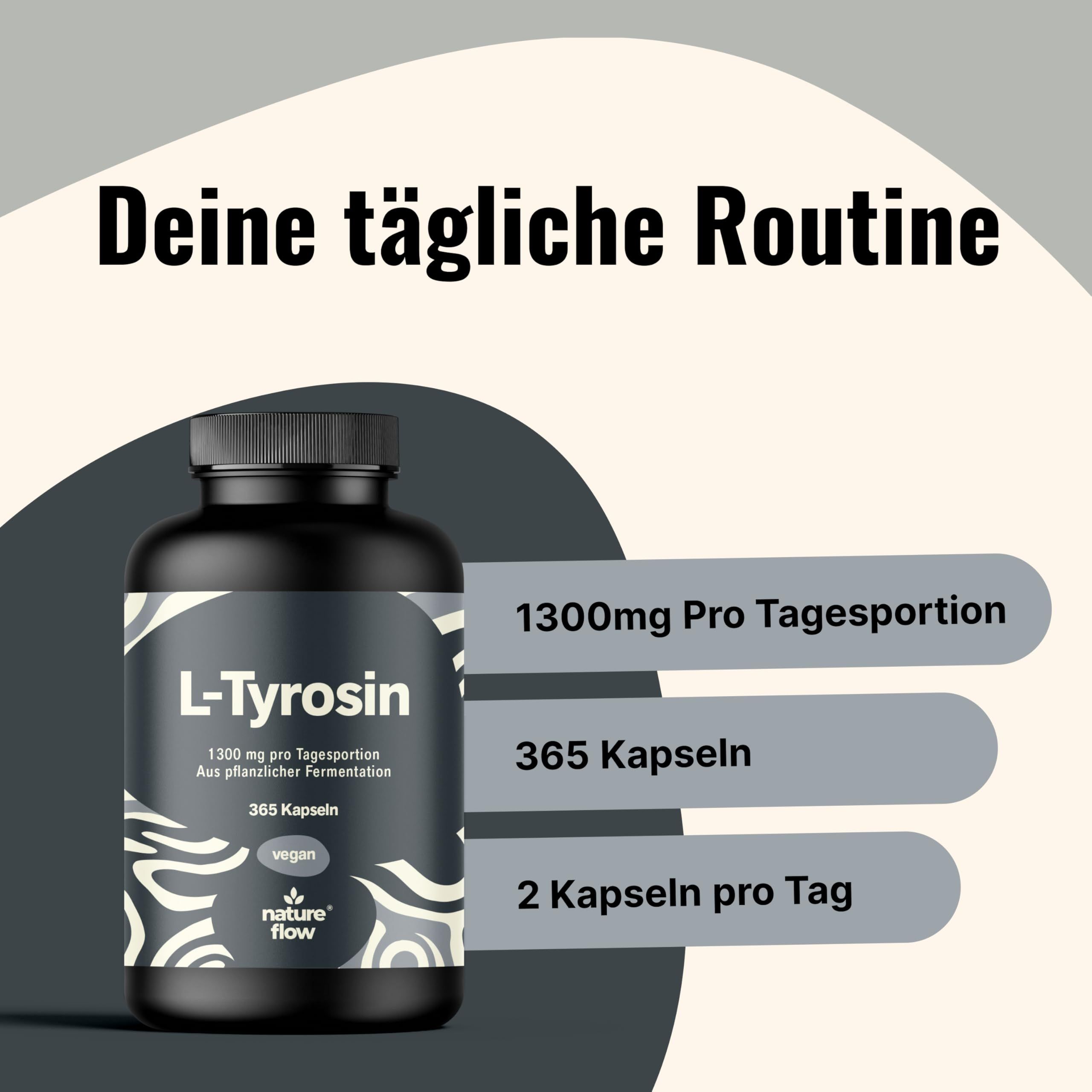 L-Tyrosin Kapseln Dose: 1300mg pro Portion, 365 Kapseln, 2 Kapseln täglich.