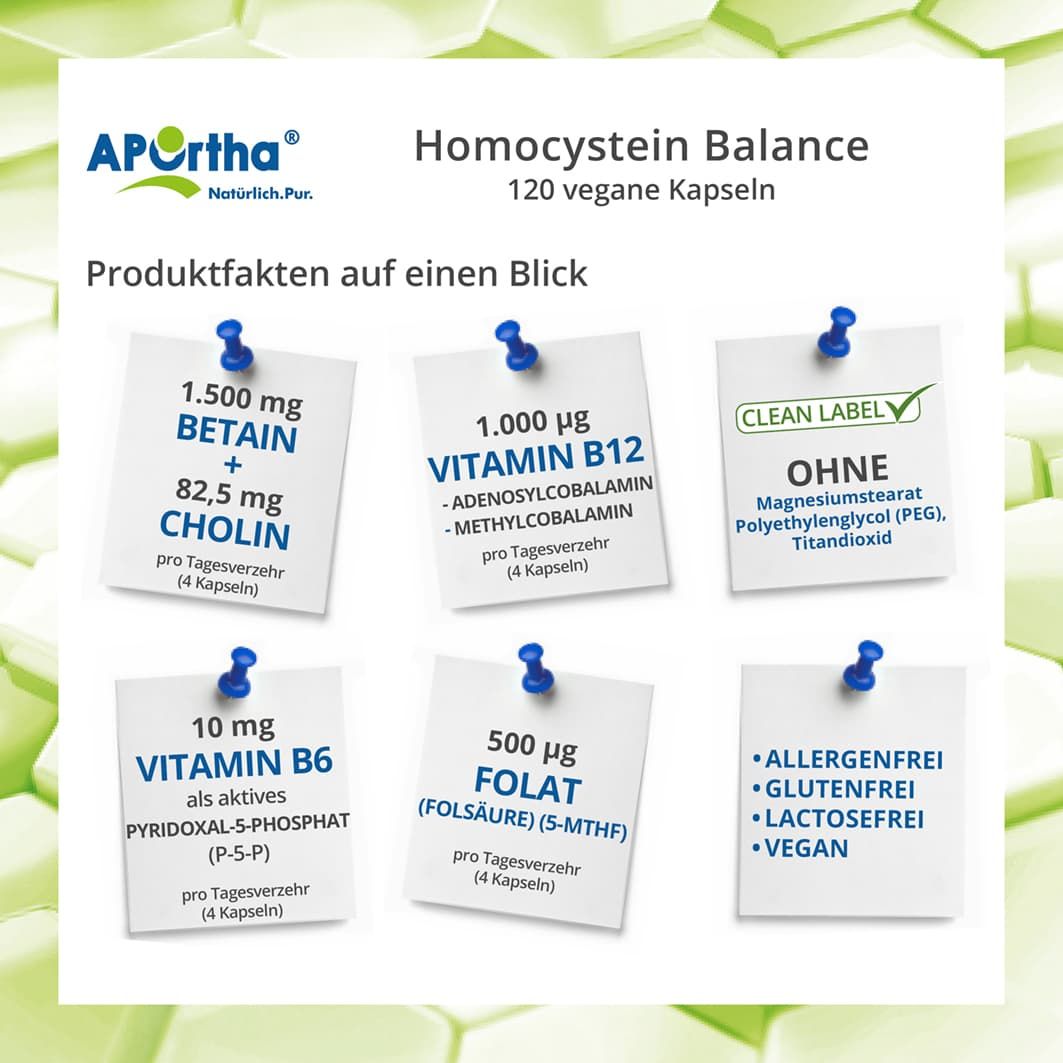 Produktfakten: 6 Notizzettel mit Inhaltsstoffen. APOrtha Homocystein Balance Kapseln. Vegan, glutenfrei, laktosefrei.