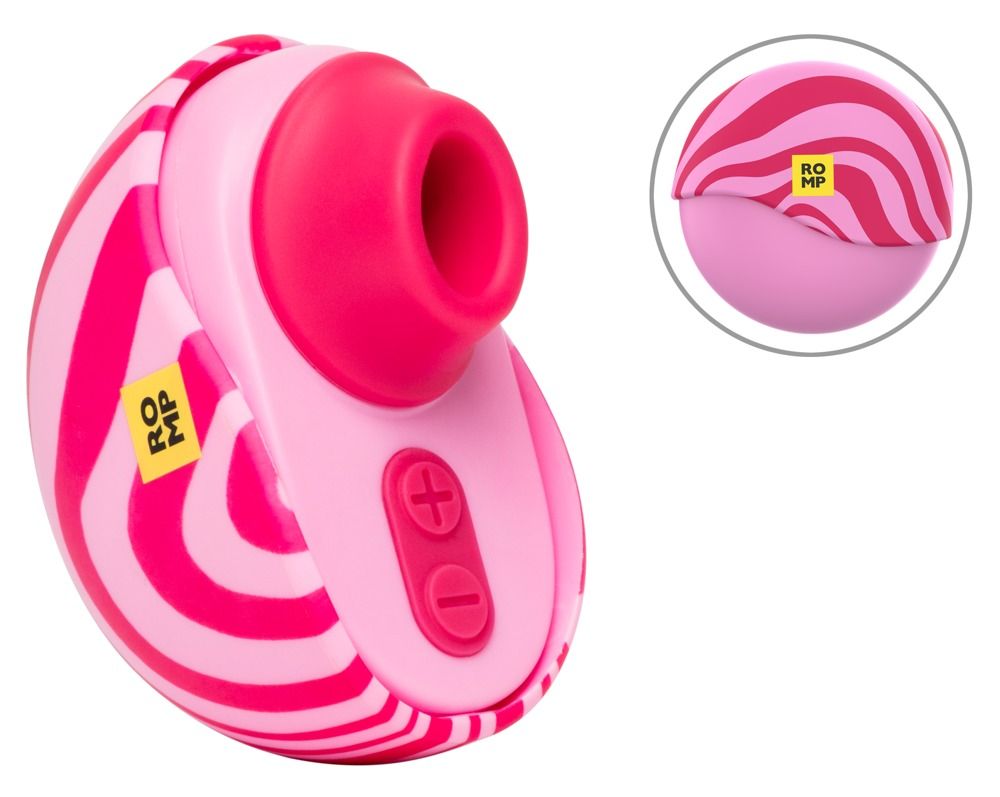Rosa Vibrator mit pinken Streifen. Zwei Knöpfe. Gelbes ROMP Logo. Zusätzliche Abbildung.