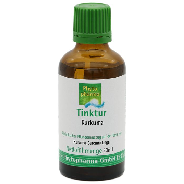 Braune Glasflasche mit grünem Verschluss. Aufkleber mit "Tinktur Kurkuma" und "Phytopharma".