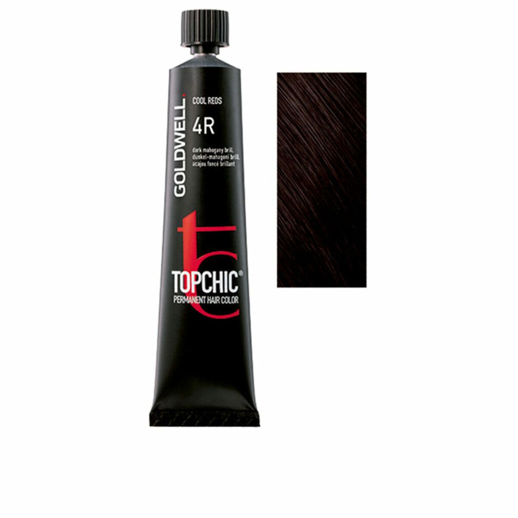 Goldwell Topchic Haarfarbe, 4R, dunkelmahagoni. Tube mit Farbmuster. Aufschrift: COOL REDS.