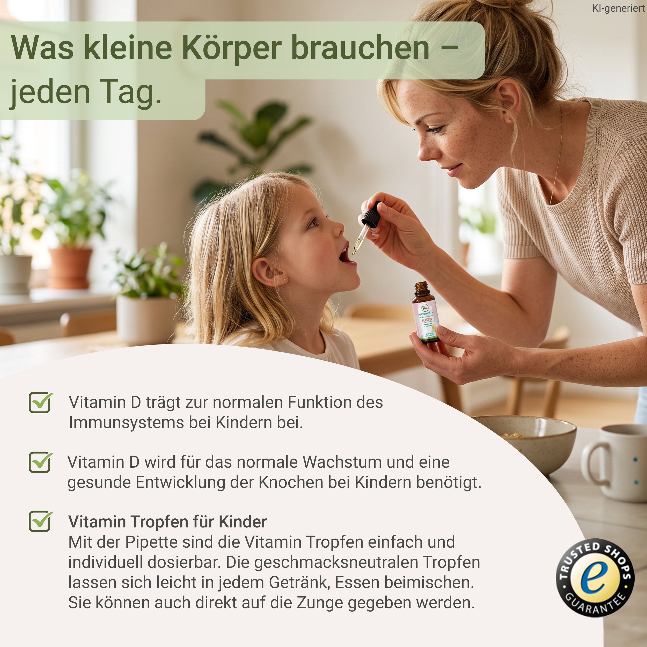 Mutter gibt Kind Vitamin-Tropfen mit Pipette im Innenbereich, mit Text zu Vitamin D.
