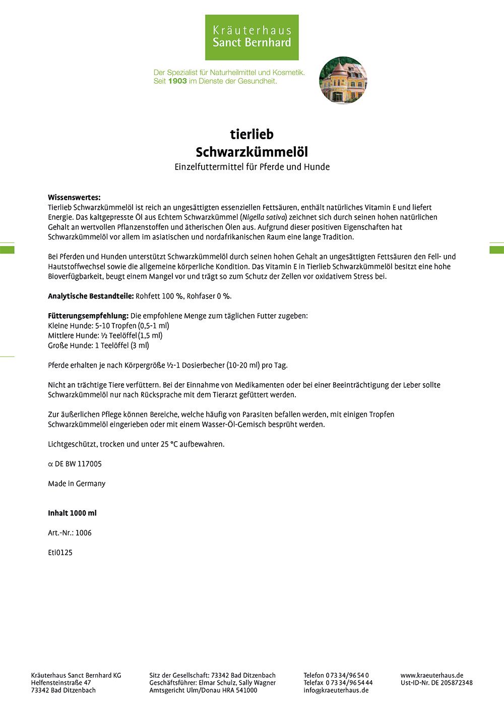 Sanct Bernhard tierlieb Schwarzkümmelöl für Pferde und Hunde