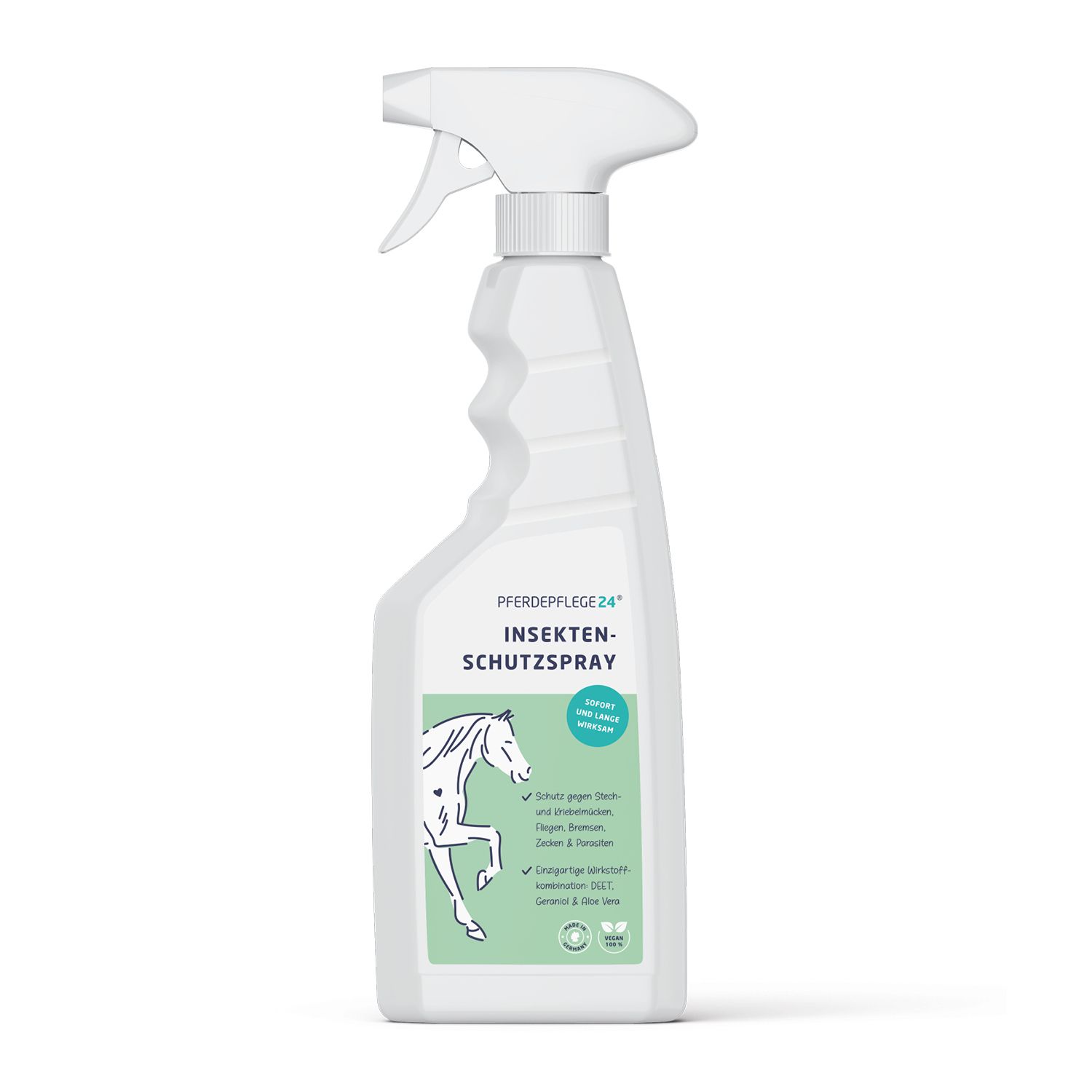 Weiße Sprühflasche mit Produktetikett. Text: Pferdepflege24 Insektenschutz. Abbildung eines Pferdes. Vegan-Siegel.