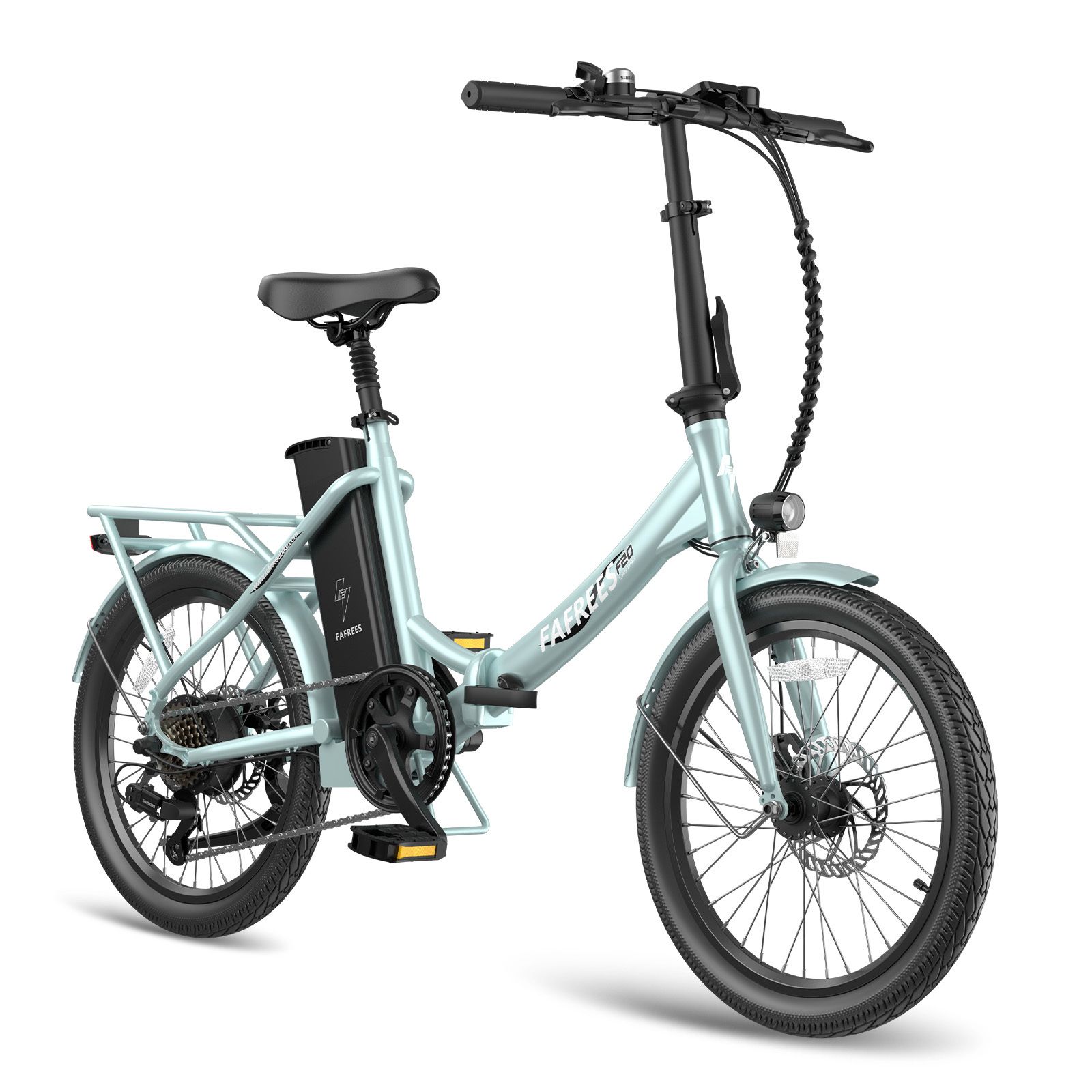 Hellgrünes Fafrees F20 E-Bike. Schwarze Reifen, Sattel und Lenker. Akku am Rahmen. Gepäckträger hinten.
