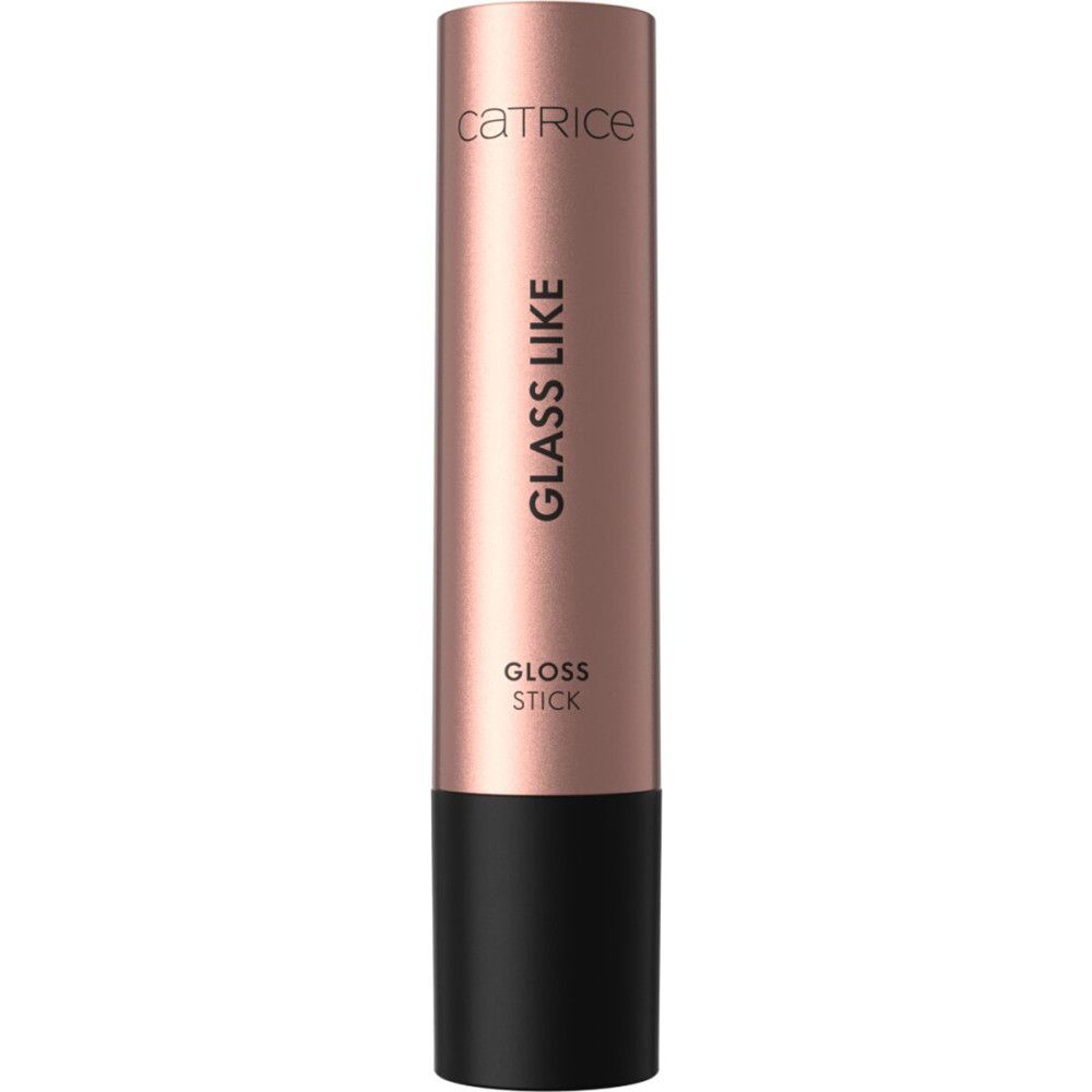Rosafarbener Lippenstift in zylindrischer Hülse. Aufschrift: CATRICE, GLASS LIKE, GLOSS STICK. Schwarzer Boden.