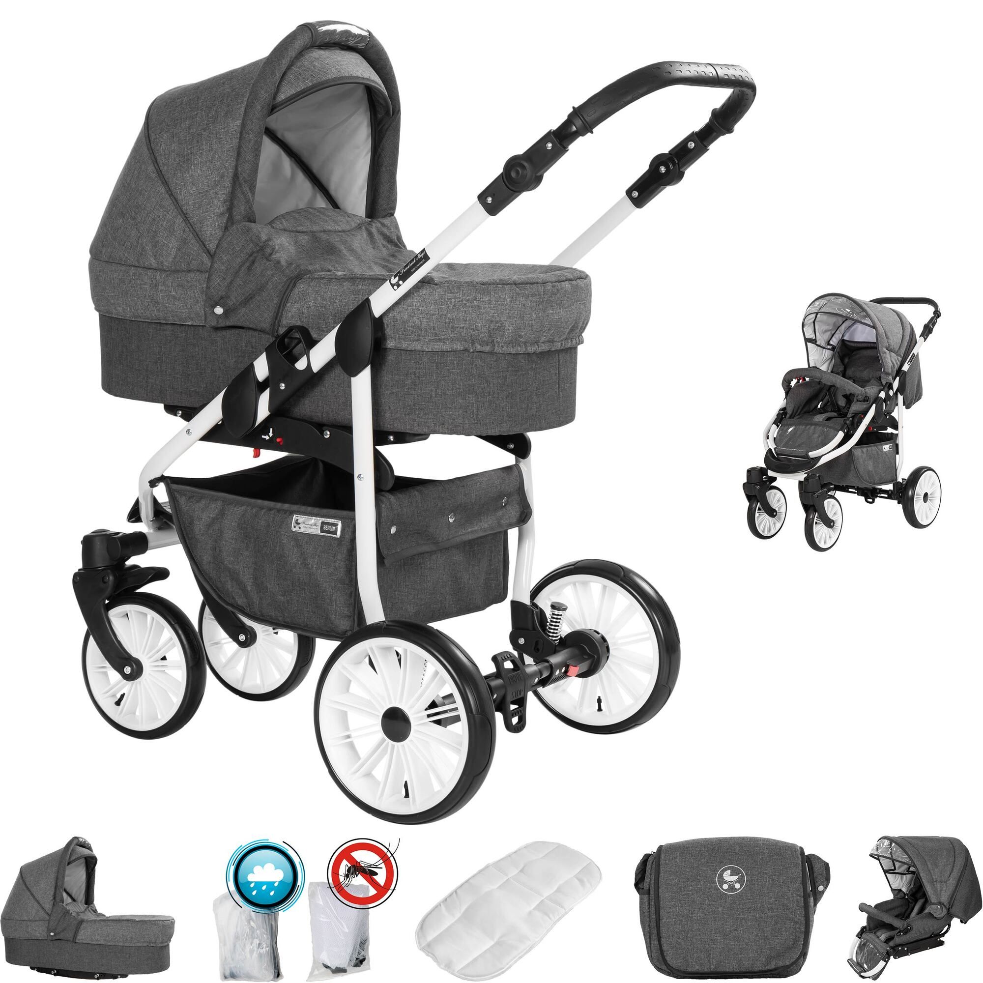 Kombikinderwagen, dunkelgrau und grau, mit weißen Rädern. Enthält Tragetasche, Zubehör und Tasche. Ansicht von vorne und von der Seite.