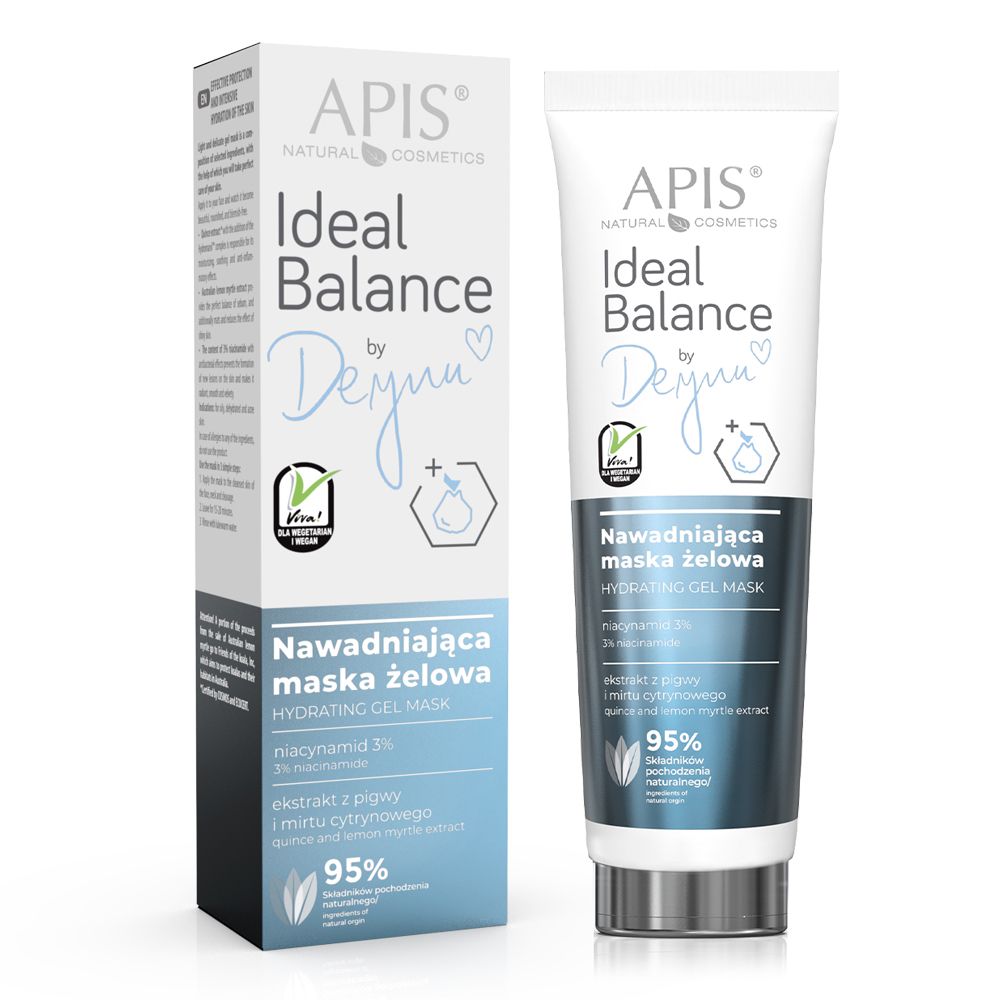 Weiße Tube und Schachtel mit Produktinformationen. Aufschrift: APIS, Ideal Balance by Deynn, Nawadniająca maska żelowa, 95%.