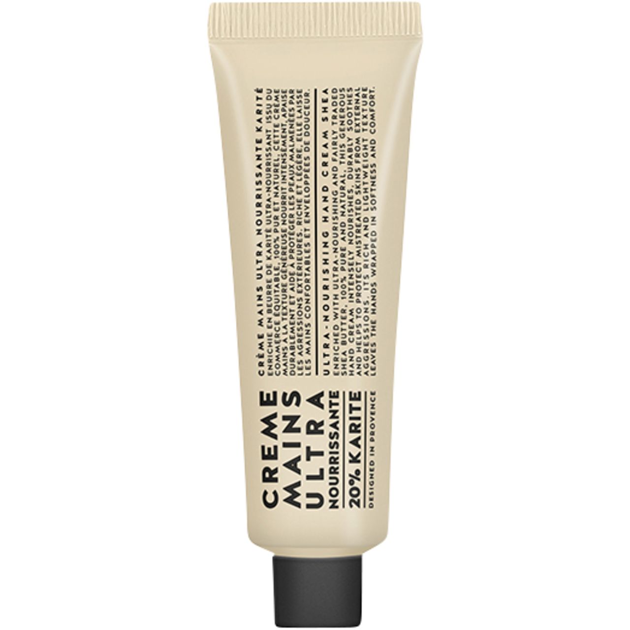 Creme Mains Ultra Nourrissante Karite Tube. Beige Tube mit schwarzem Verschluss. Text auf Französisch und Englisch.
