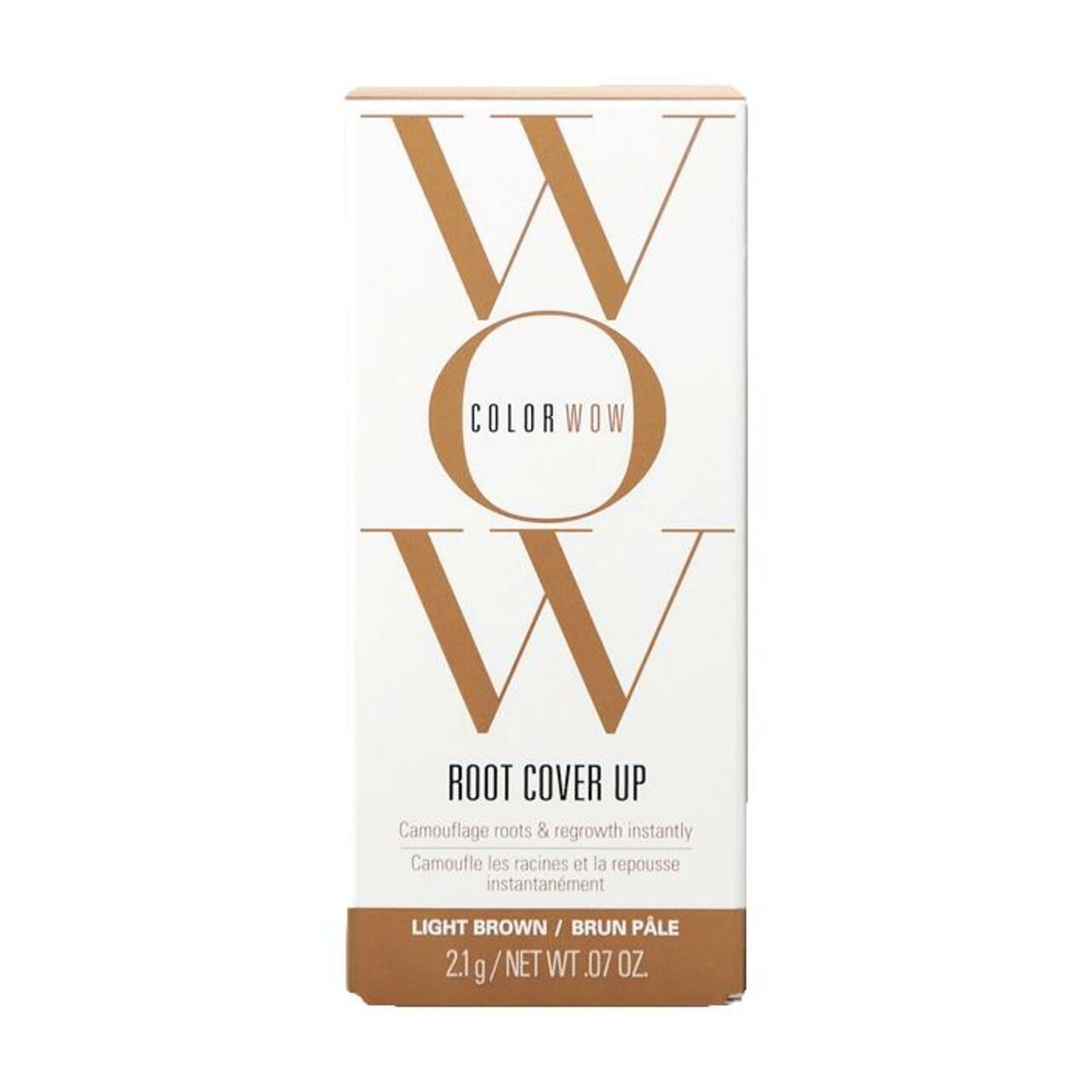 Verpackung von Color Wow Root Cover Up in Hellbraun. Enthält 2,1 g. Aufschrift: Camouflage Wurzeln & Nachwuchs sofort.