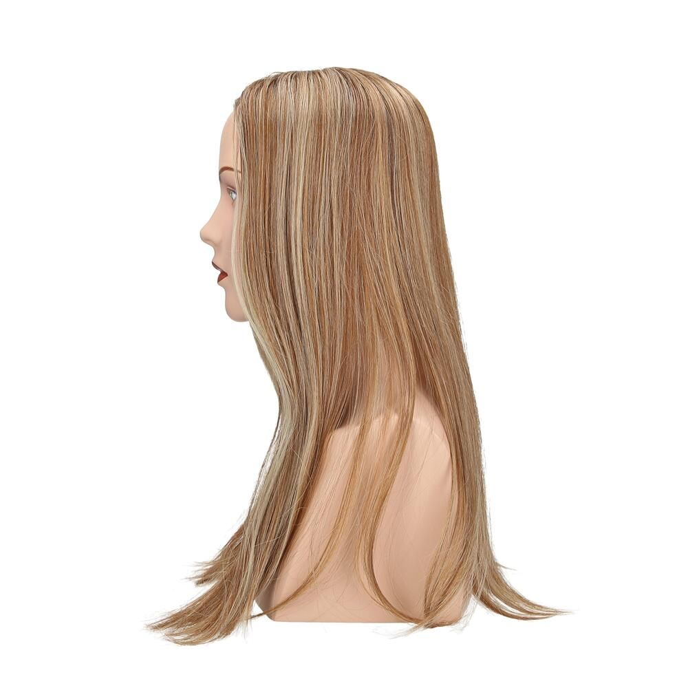 Haarteil Rose von trendhair auf einer Büste. Blonde Strähnen in braunem Haar. Seitenansicht.