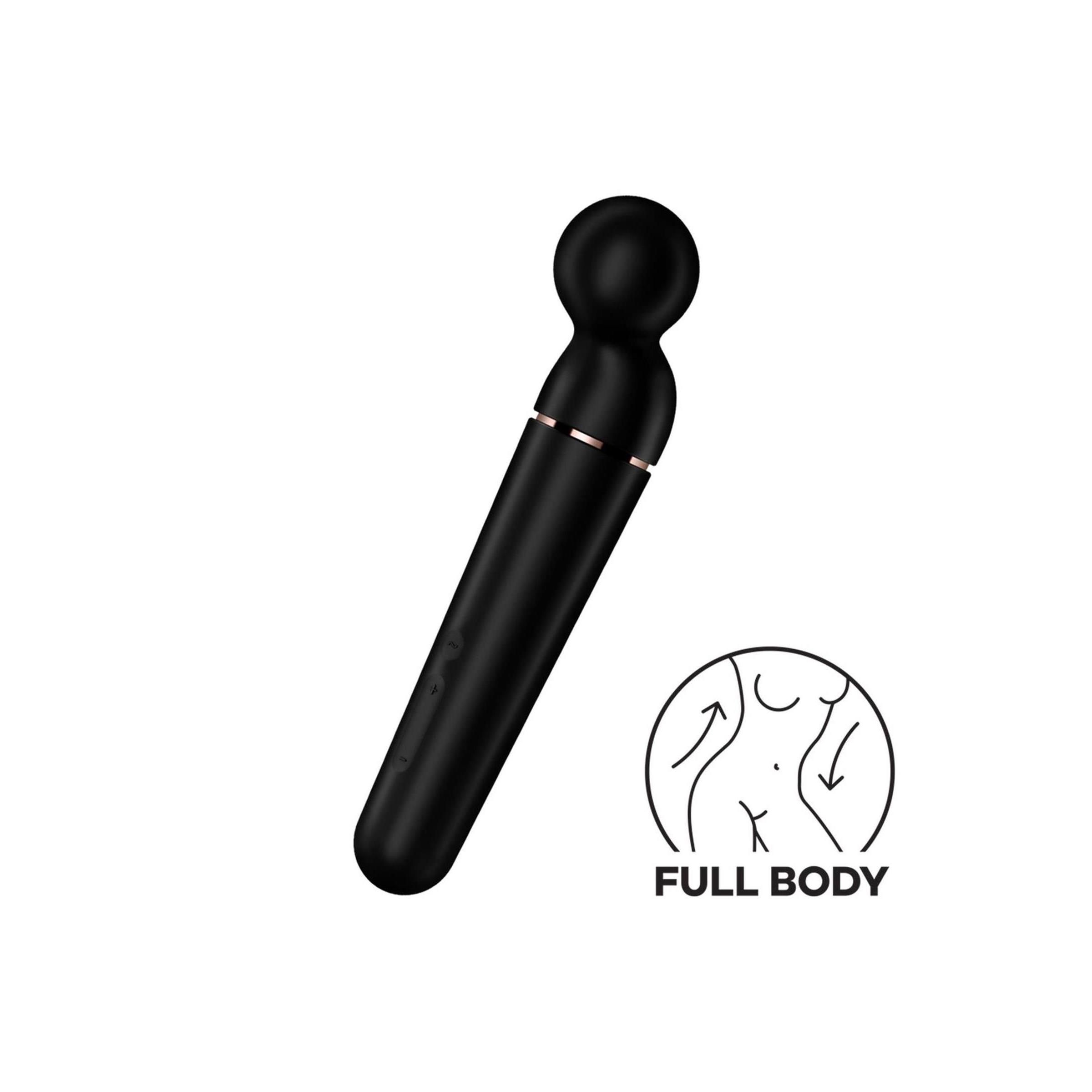 Schwarzes Wellness-Produkt mit rundem Kopf und zylindrischem Schaft. Goldfarbener Ring. Aufdruck: "FULL BODY".