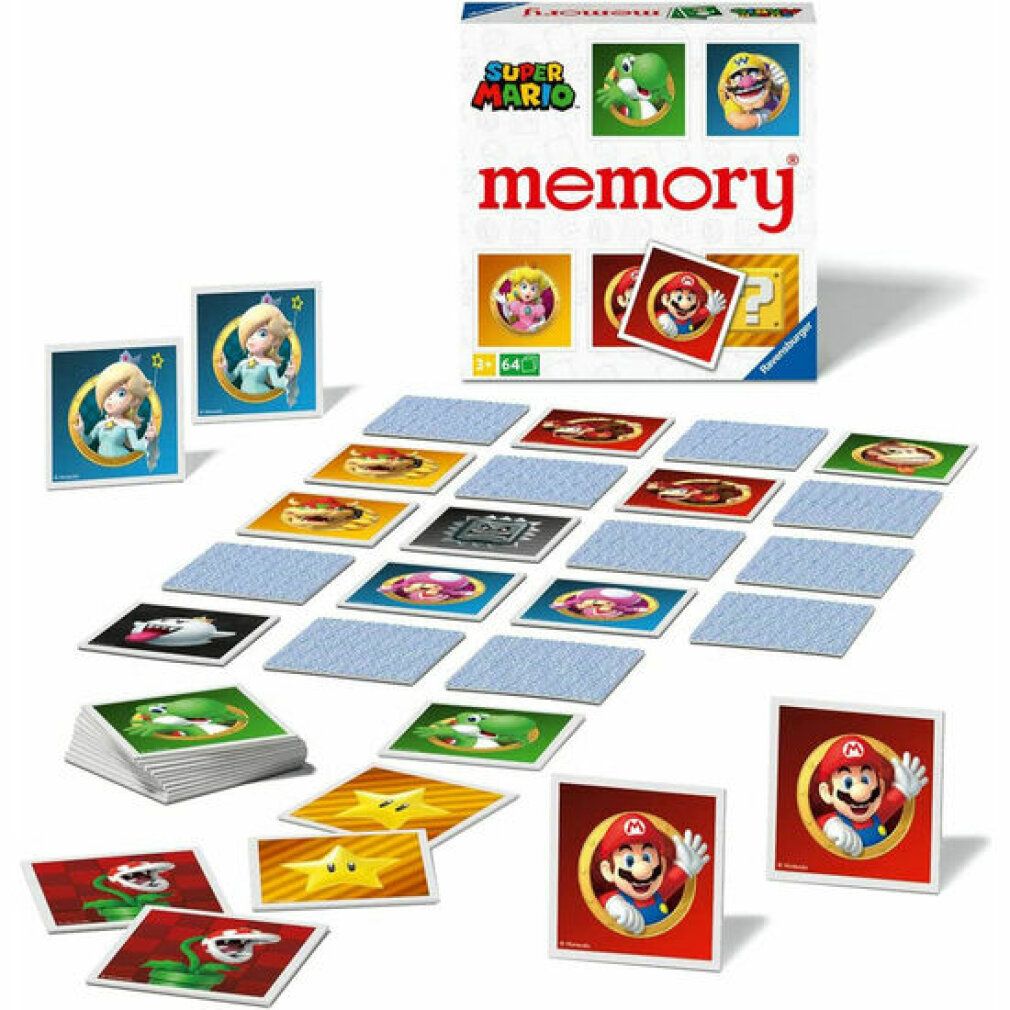 Ravensburger Memory Super Mario. Kartenspiel mit Karten und Figuren. Kartenstapel, Spielkarten und Verpackung.