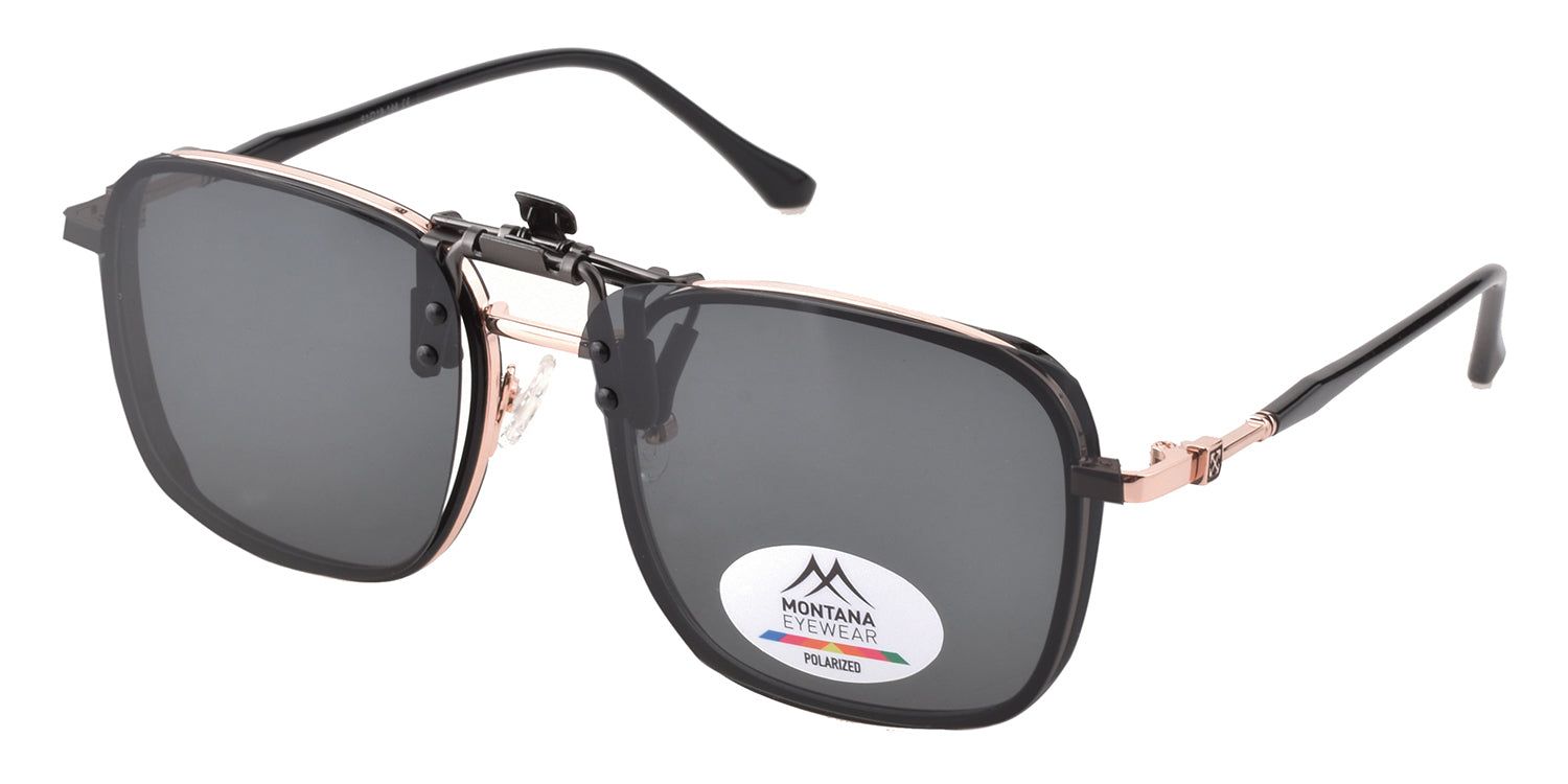 Sonnenbrille mit Clip-on-Aufsatz. Schwarzer Rahmen, goldfarbene Akzente. Montana Eyewear-Logo und Polarisationshinweis.