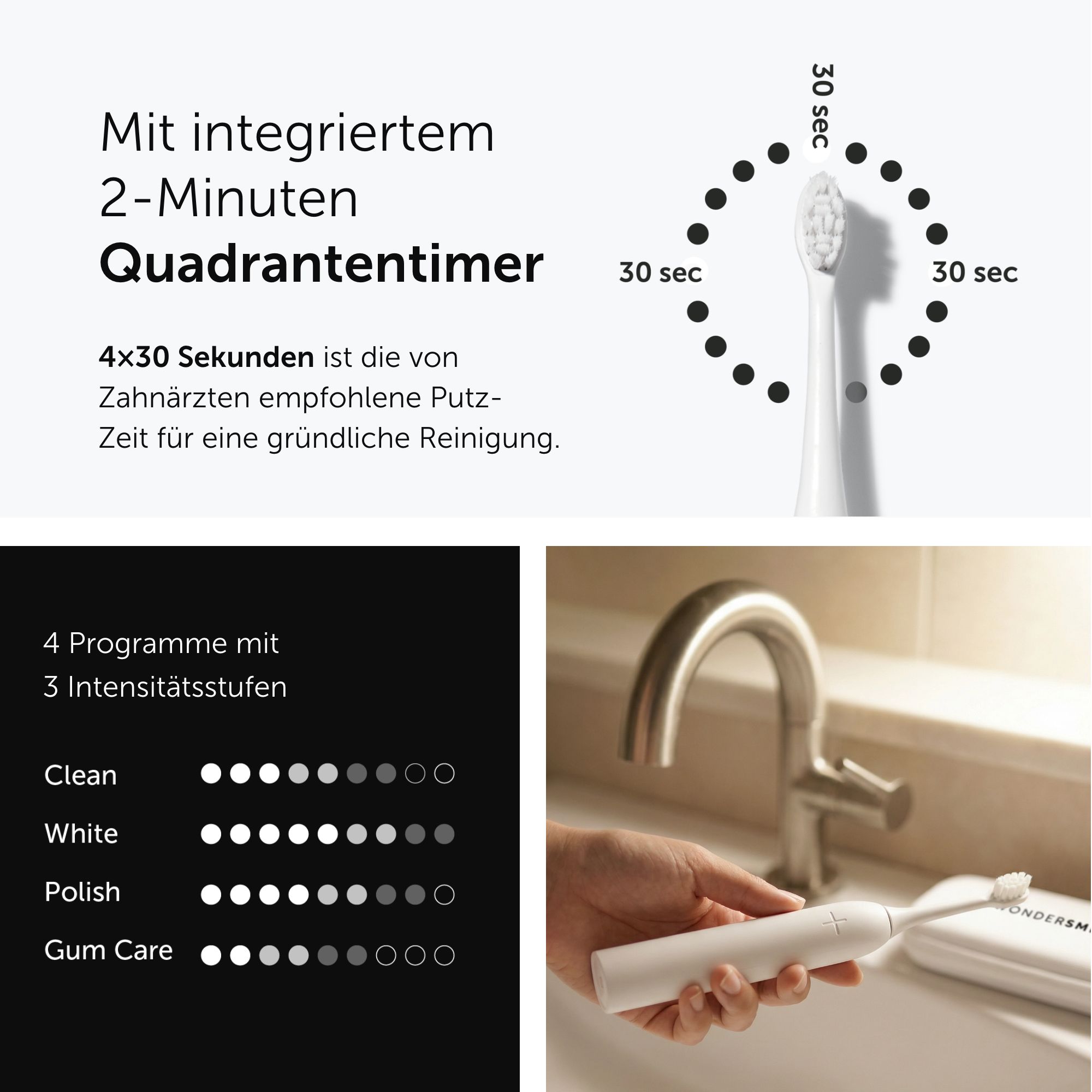 Weiße Schallzahnbürste Pro mit 2-Minuten-Timer. Modi: Clean, White, Polish, Gum Care.