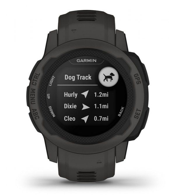 Dunkle Smartwatch mit Garmin-Logo. Anzeige: "Dog Track" mit Entfernungen zu Hunden. Knöpfe: CTRL, MENU, ABC, LIGHT, UP, DOWN, GPS, SET, BACK.