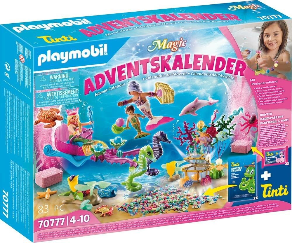 Adventskalender Badespaß Meerjungfrauen. Verpackung mit Figuren, Meerestieren und Zubehör. Enthält Tinti-Badespaß.