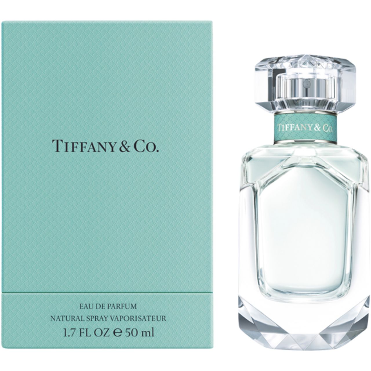 Tiffany & Co. EdP Nat. Spray und Verpackung. Türkisfarbene Schachtel und Flakon. Flakon mit Facettenschliff, türkisfarbenes Band.