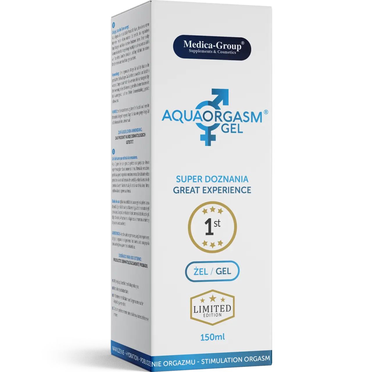 Weiße Verpackung mit AquaOrgasm Gel-Logo, Medica-Group. Text: Super Doznania Great Experience. Limited Edition. 150ml.