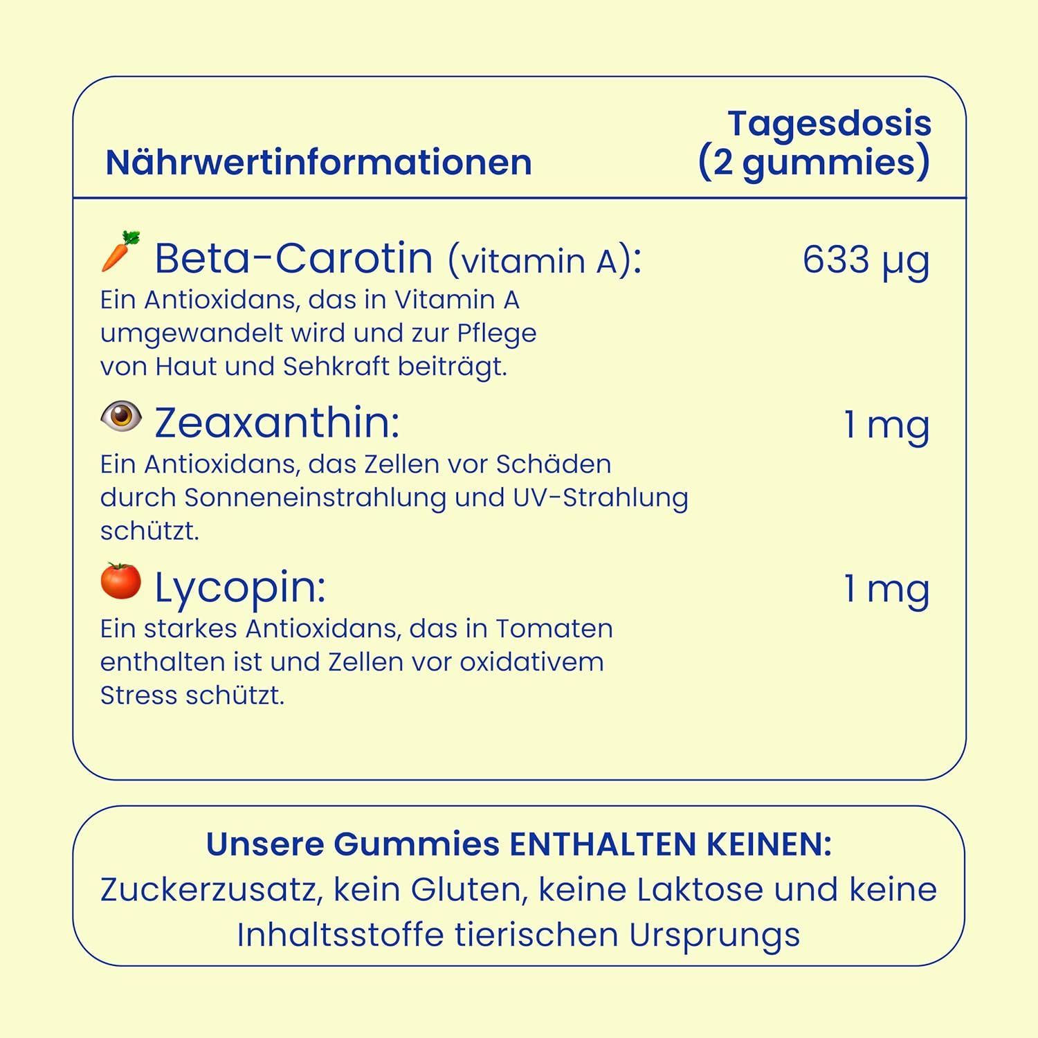Nährwertinformationen. Beta-Carotin, Zeaxanthin, Lycopin. Keine Zuckerzusatz, glutenfrei, laktosefrei.