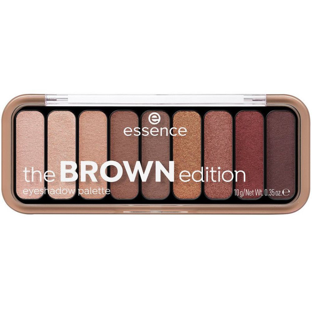 Lidschattenpalette "The Brown Edition" von Essence. 10 Farbtöne in braunen Nuancen. Rechteckige Verpackung mit transparentem Deckel.