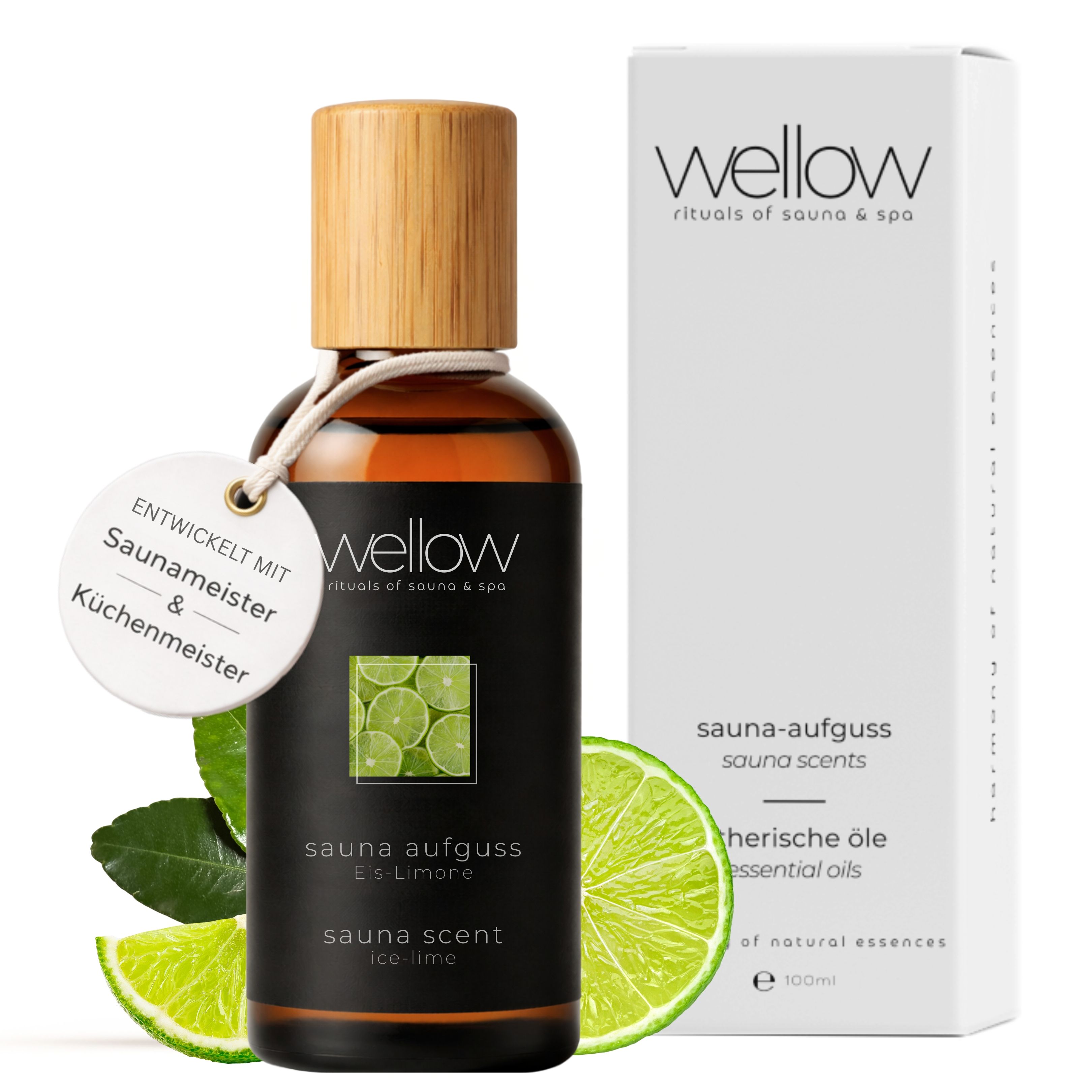Flasche und Verpackung von Wellow Sauna-Aufguss Eis-Limone. Text: Sauna-Aufguss, Eis-Limone, ätherische Öle.