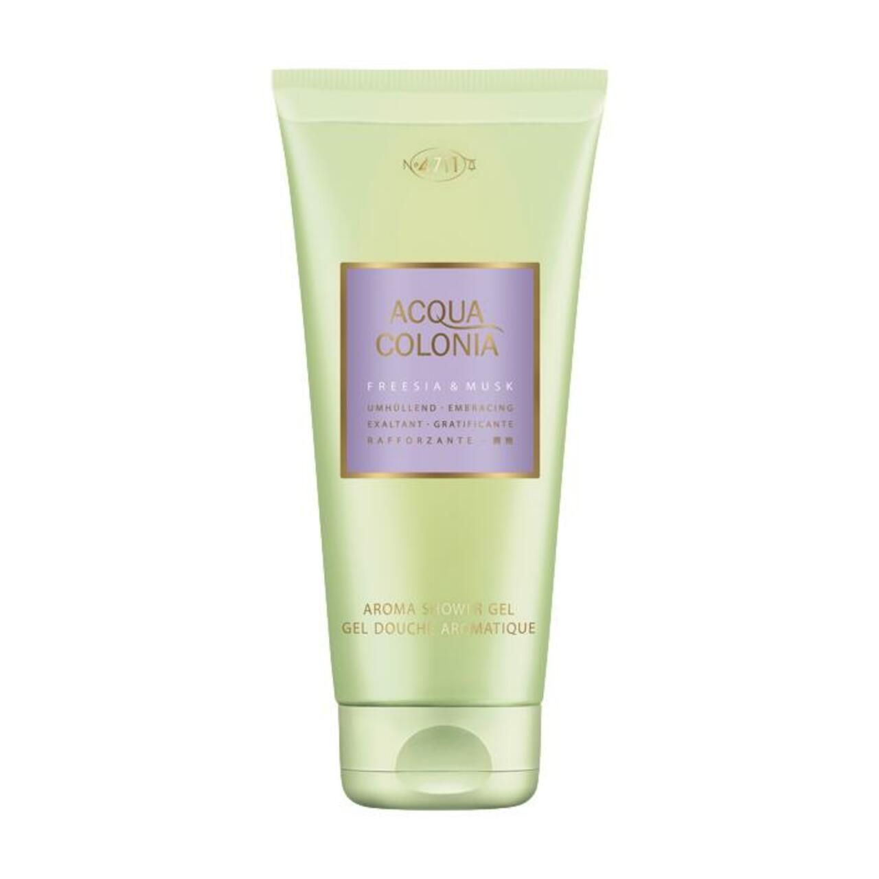 Grünliche Tube. Lila Etikett mit Text: Acqua Colonia, Freesia & Musk. Aroma Shower Gel. Hellgrüner Hintergrund.