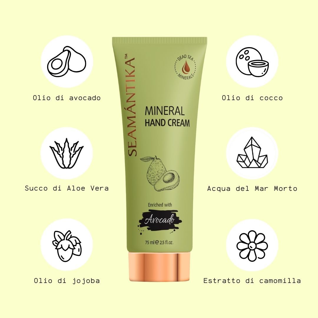 Tubo verde di crema mani con icone ingredienti. Testo: SEAMANTIKA, Mineral Hand Cream, Avocado. Ingredienti: olio di avocado, etc.