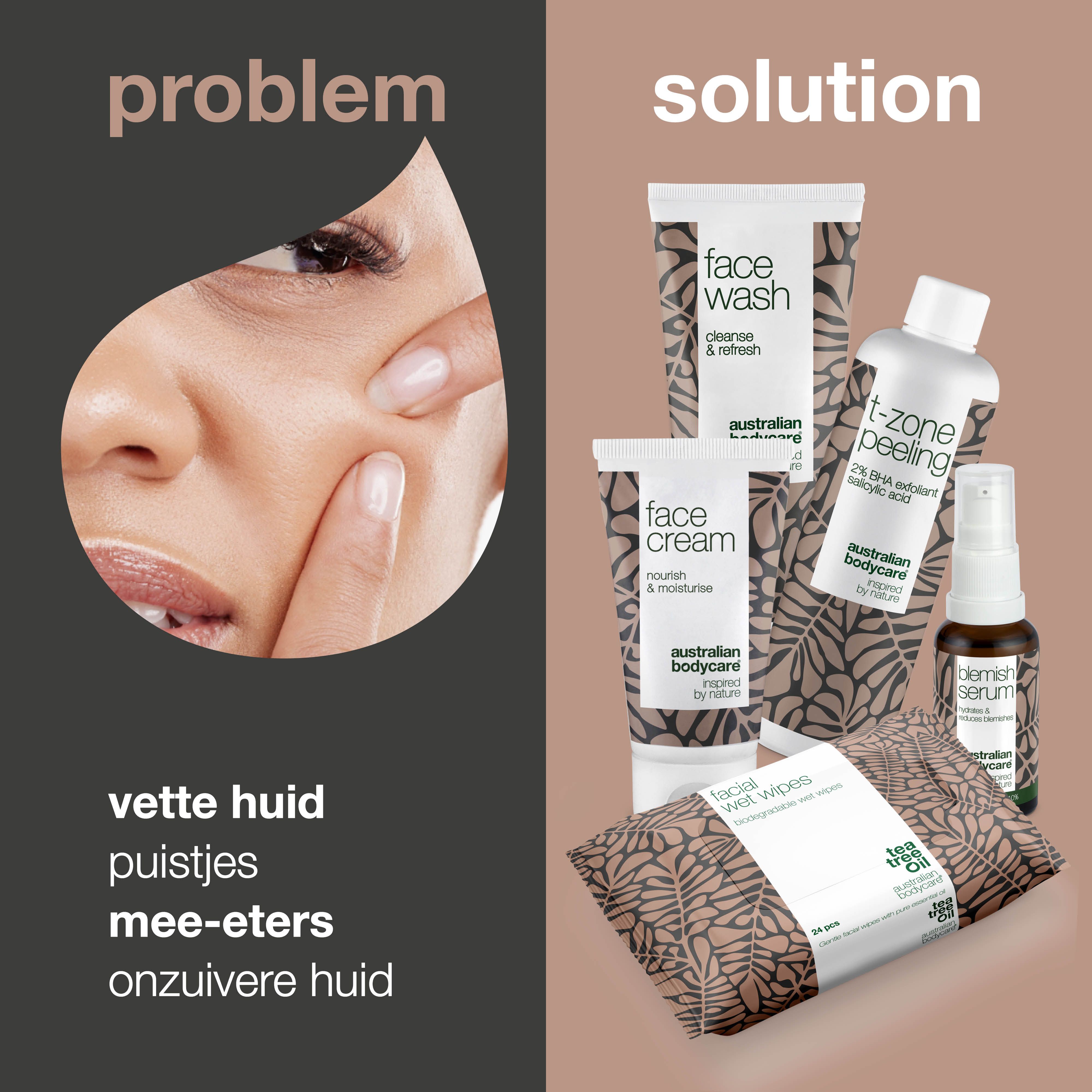 Vergelijking van huidproblemen en oplossingen. Producten: wasgel, peeling, crème, serum, doekjes.