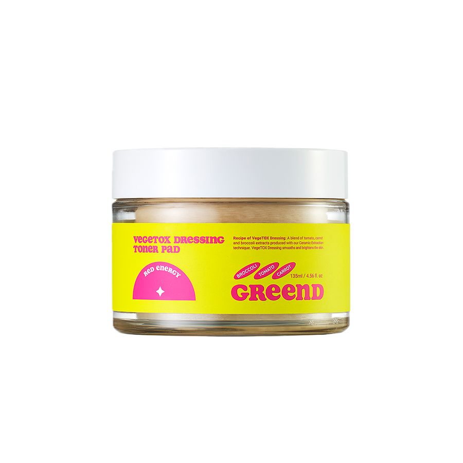 Glasbehälter mit gelbem Etikett. Aufschrift: Vegitox Dressing Toner Pad, GreenD. Rosa Logo. Enthält Pads.