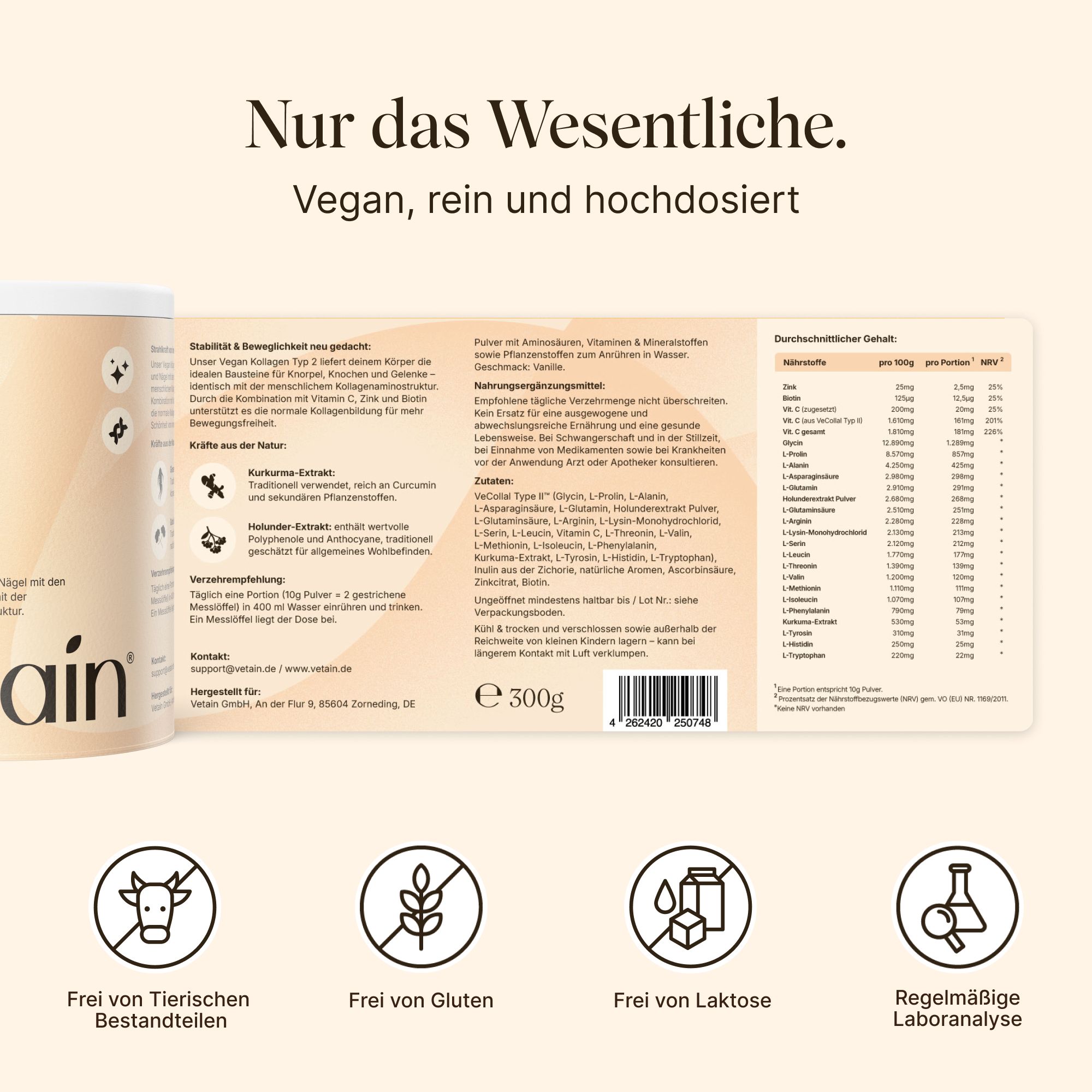 VETAIN Kollagen Pulver Vegan - Mit VeCollal®, Vitamin C, Zink, Biotin & Ginseng - Typ 1