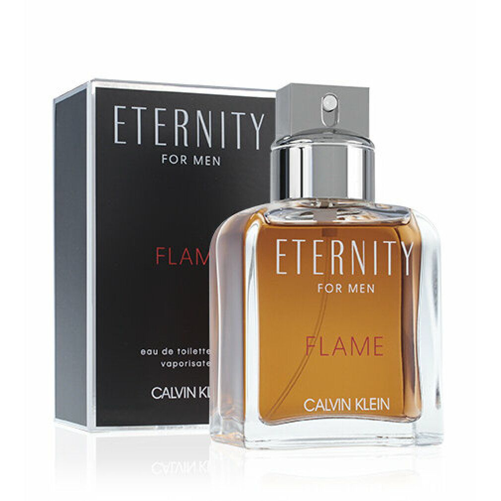 Flakon und Verpackung. Aufschrift: ETERNITY FOR MEN FLAME CALVIN KLEIN. Flakon mit brauner Flüssigkeit.