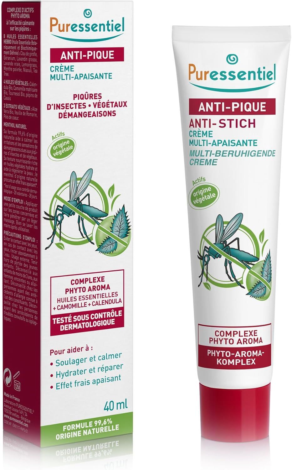 Creme-Tube und Verpackung. Aufschrift: Anti-Pique, Multi-Apaisante, Creme. Abbildung: Mücke und Blätter. 40 ml.