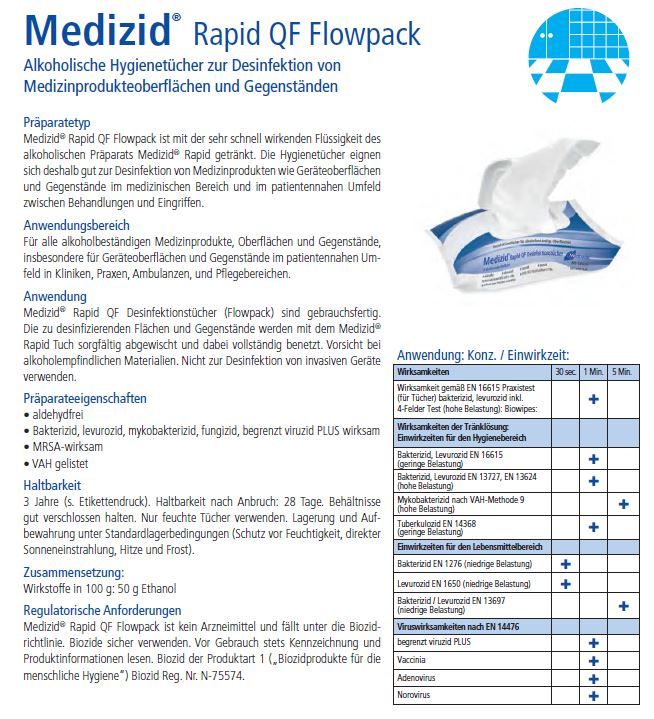 Produktinformationen zu Medizid Rapid QF Flowpack. Text und Diagramme auf weißem Hintergrund. Geöffnete Verpackung mit Tüchern.